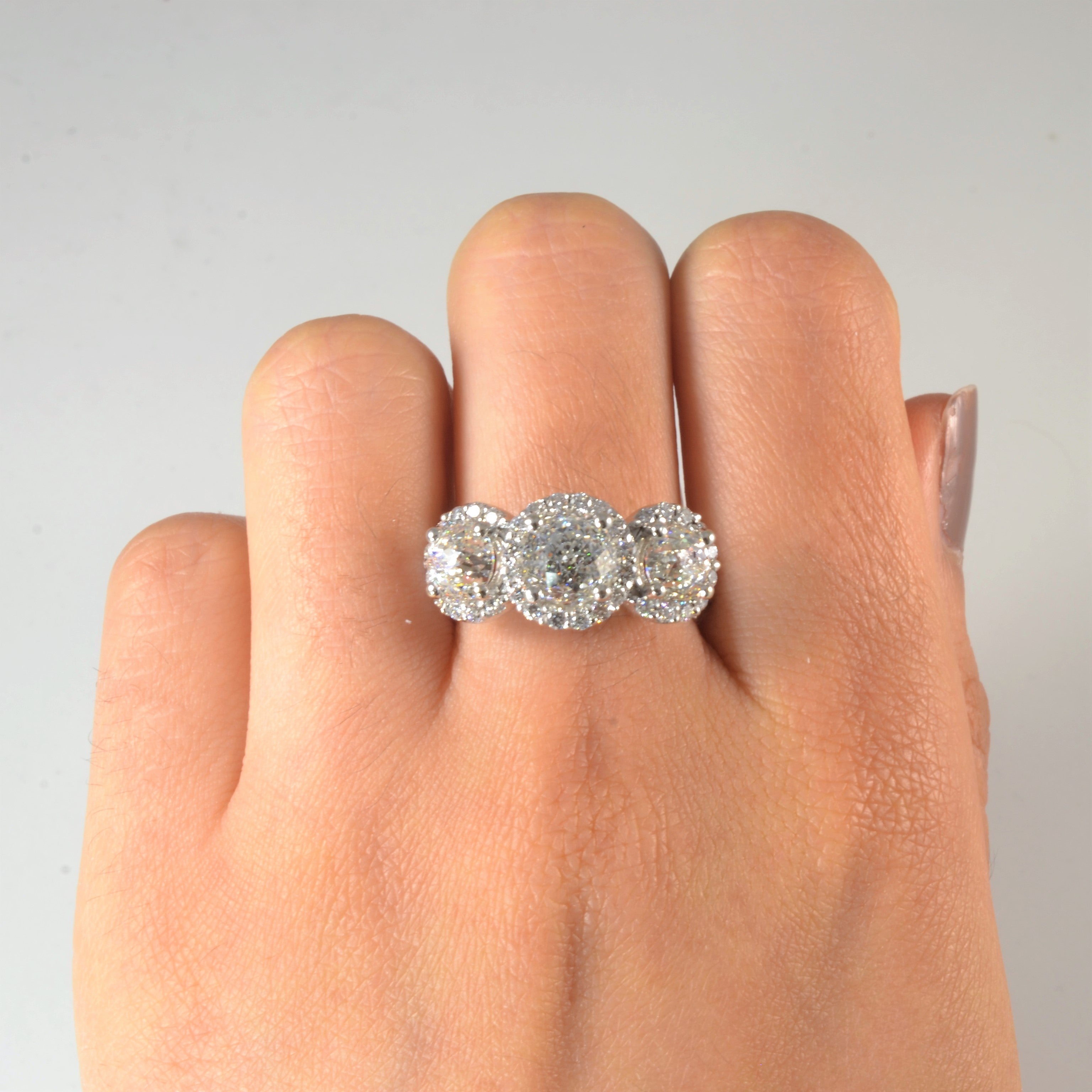 Portuguese Cut Diamond Halo Three Stone Ring | 4.95ctw | SZ 6 |