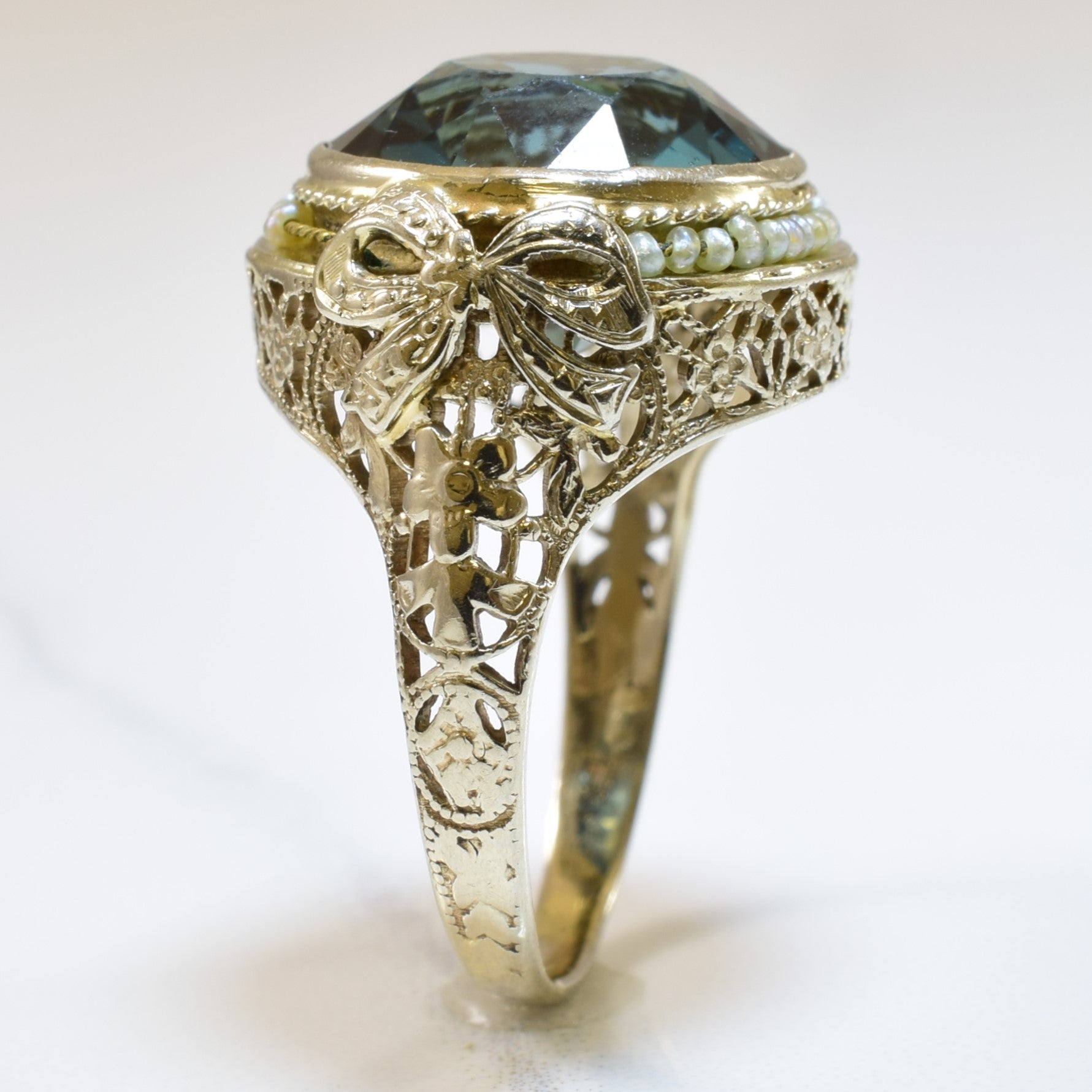 Art Deco Teal Paste & Seed Pearl Ring | 8.30ct, 0.40ctw | SZ 6.5 |