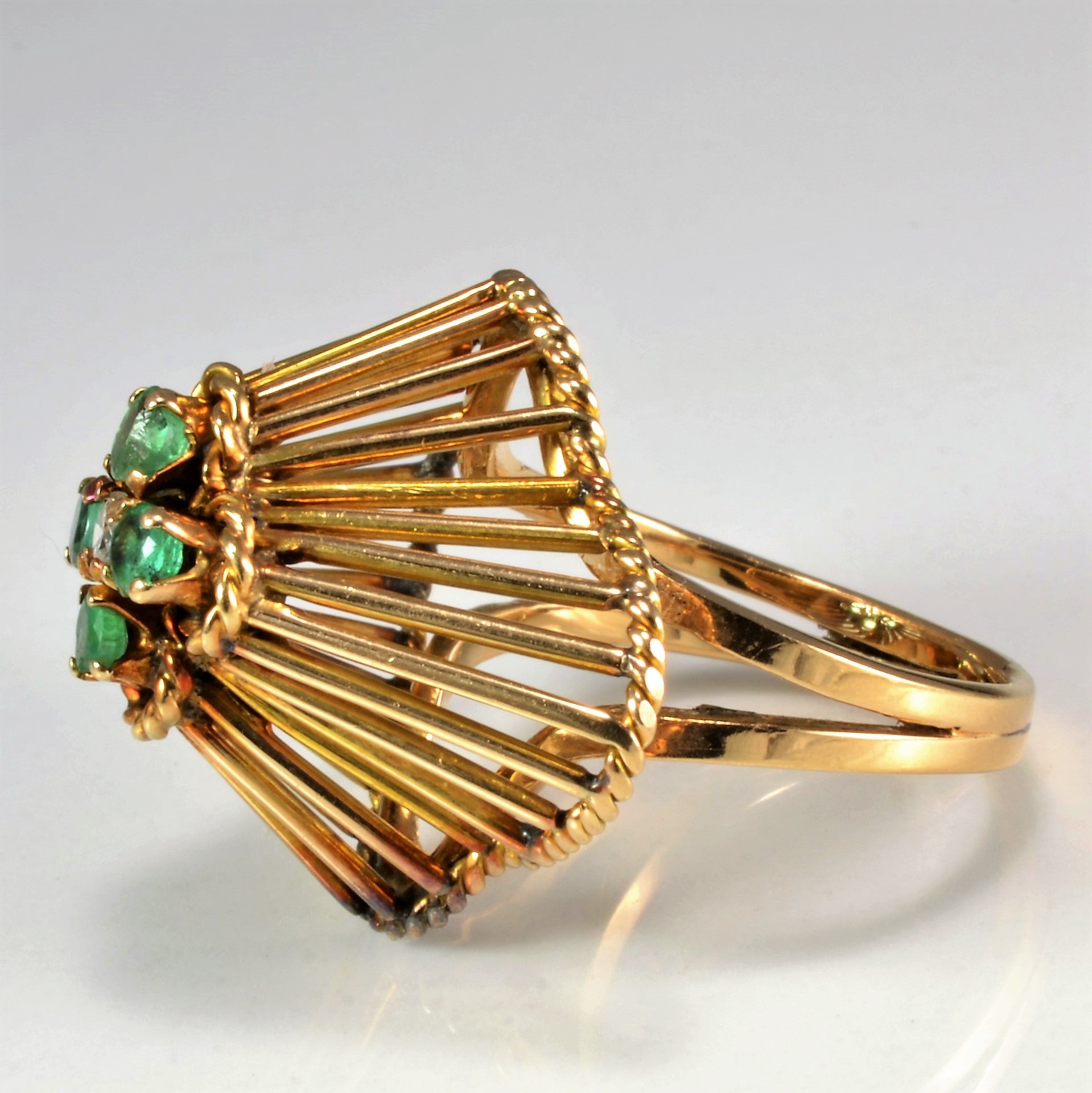 Textured Umbrella Design Emerald & Diamond Ladies Ring | 0.05 ct, SZ 5 |