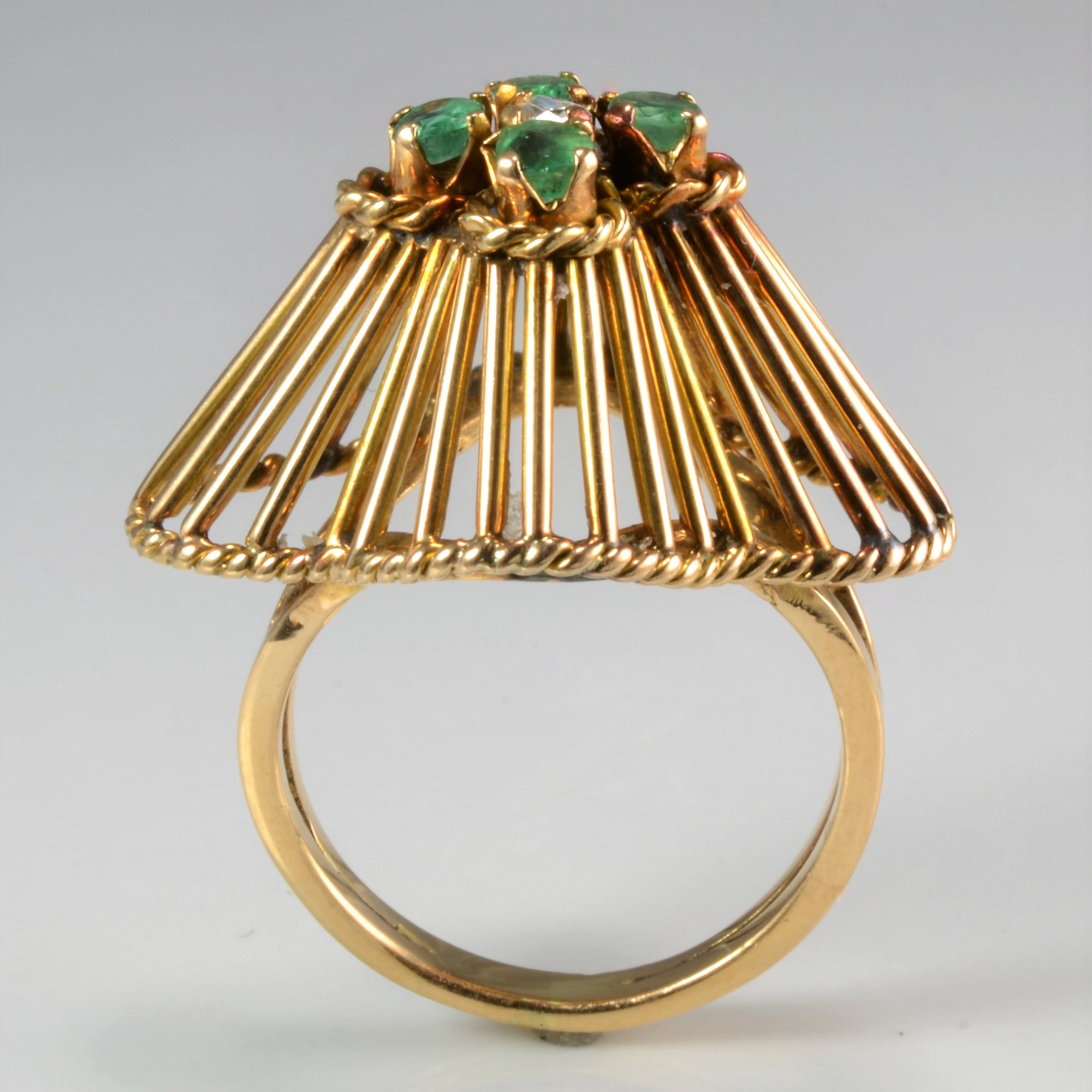 Textured Umbrella Design Emerald & Diamond Ladies Ring | 0.05 ct, SZ 5 |
