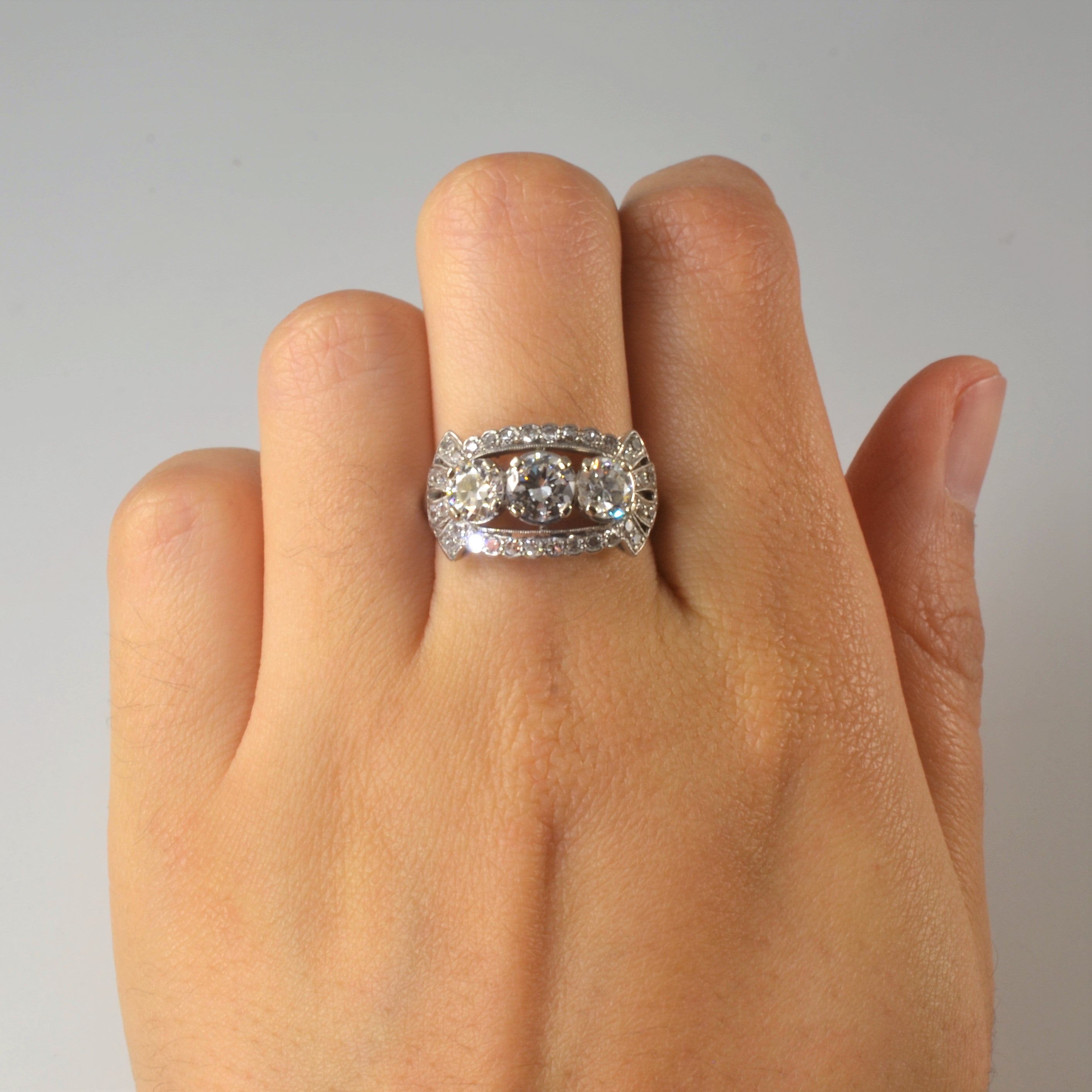 Art Deco Inspired Three Stone Engagement Ring | 2.01ctw | SZ 7 |