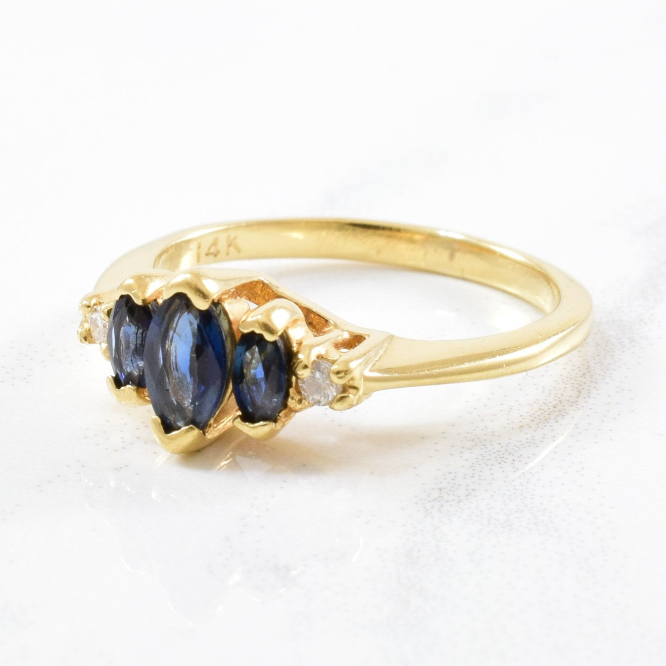 Three Stone Marquise Sapphire & Diamond Ring | 0.02ctw, 0.36ctw | SZ 4 |