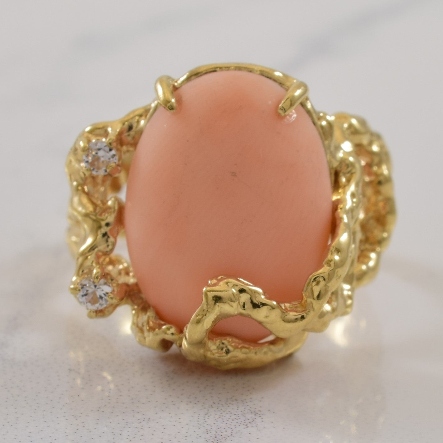 Coral Cabochon & Synthetic Spinel Ring | 6.50ct, 0.10ctw | SZ 6.25 |