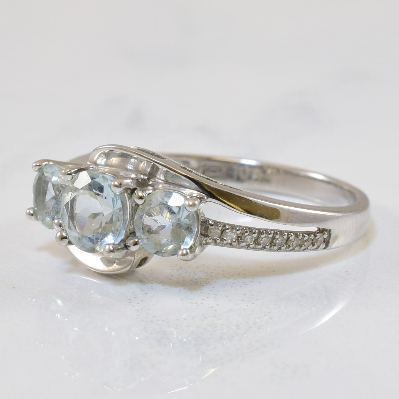 Three Stone Aquamarine & Diamond Bypass Ring | 0.90ctw, 0.06ctw | SZ 6.5 |