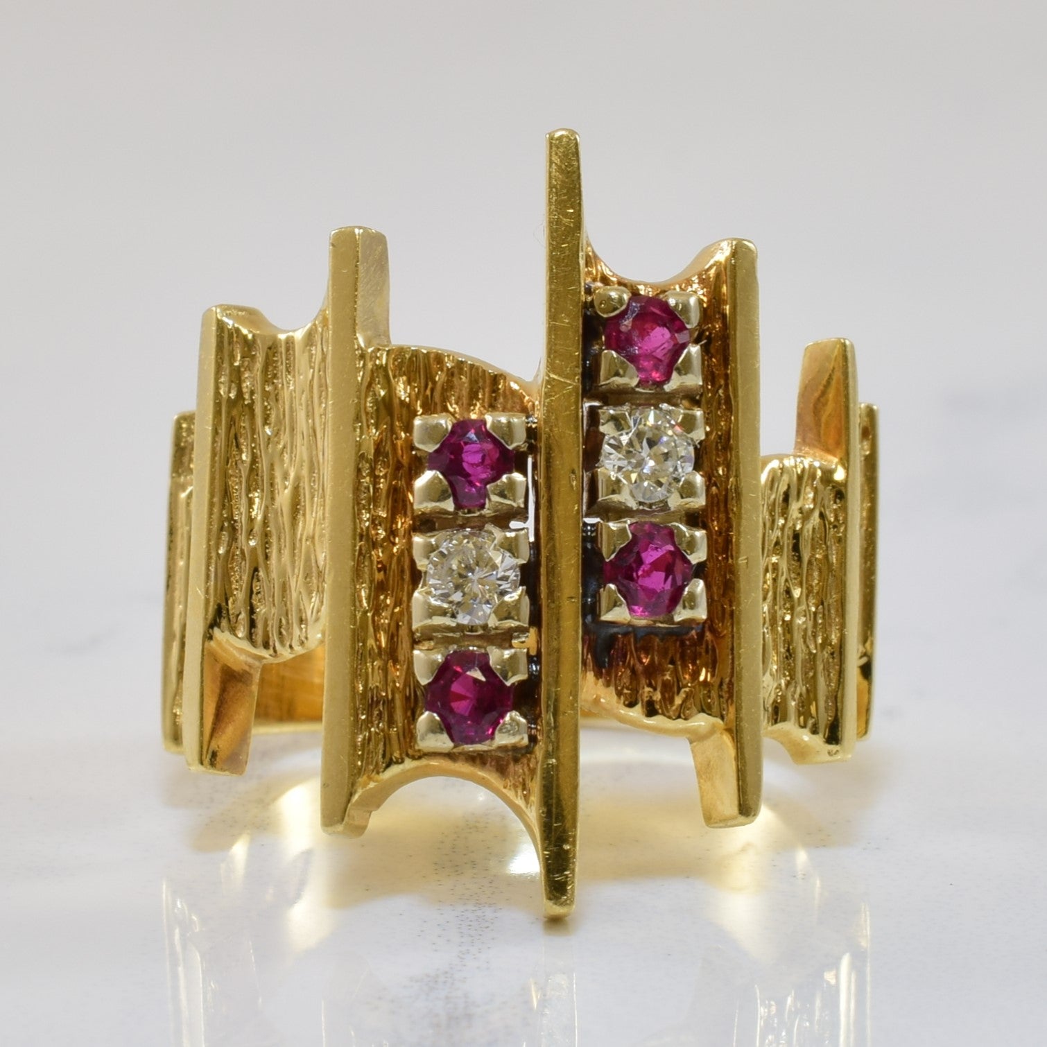 Textured Ruby & Diamond Cocktail Ring | 0.34ctw, 0.14ctw | SZ 7 |