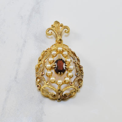 Mid Century Garnet & Seed Pearl Pendant | 1.50ct, 1.20ctw |