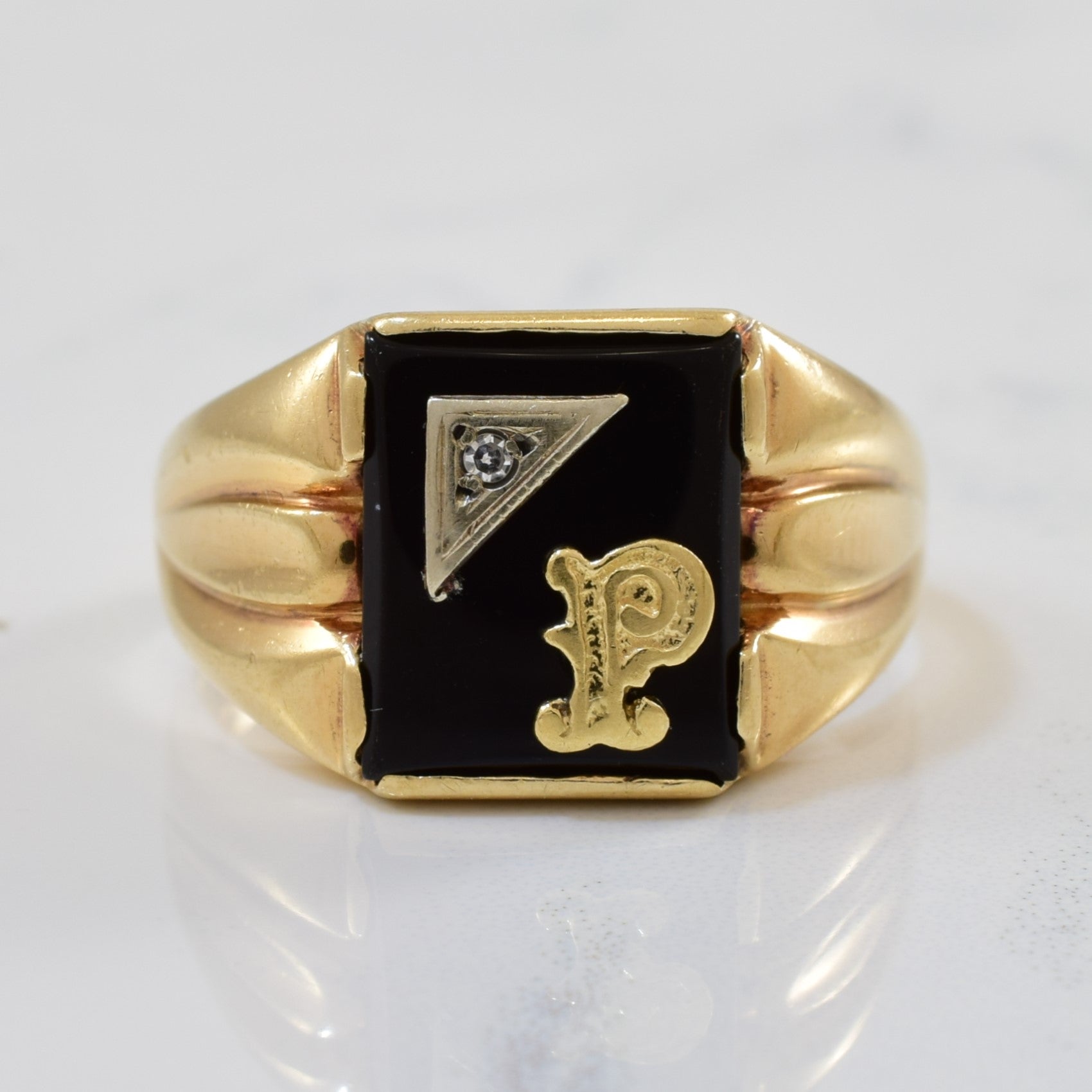 Initial 'P' Onyx & Diamond Signet Ring | 3.50ct, 0.01ct | SZ 10.5 |