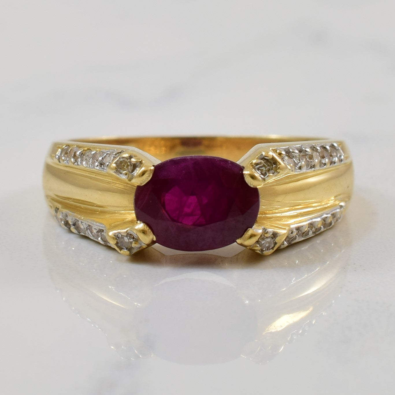 East West Oval Ruby & Diamond Ring | 1.68ct, 0.14ctw | SZ 8 |