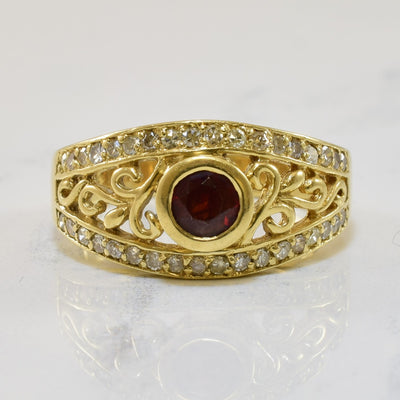 Filigree Bezel Set Garnet & Diamond Ring | 0.40ct, 0.32ctw | SZ 6.75 |