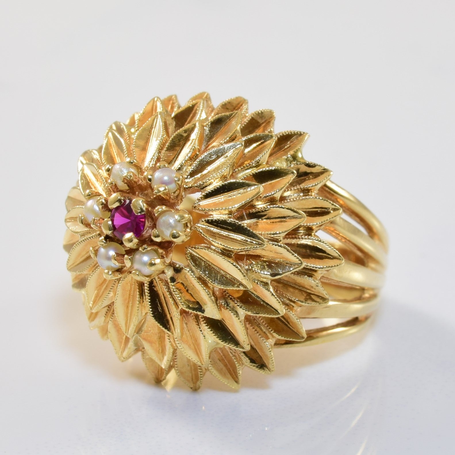 Seed Pearl & Ruby Floral Ring | 0.18ctw, 0.06ctw | SZ 5 |