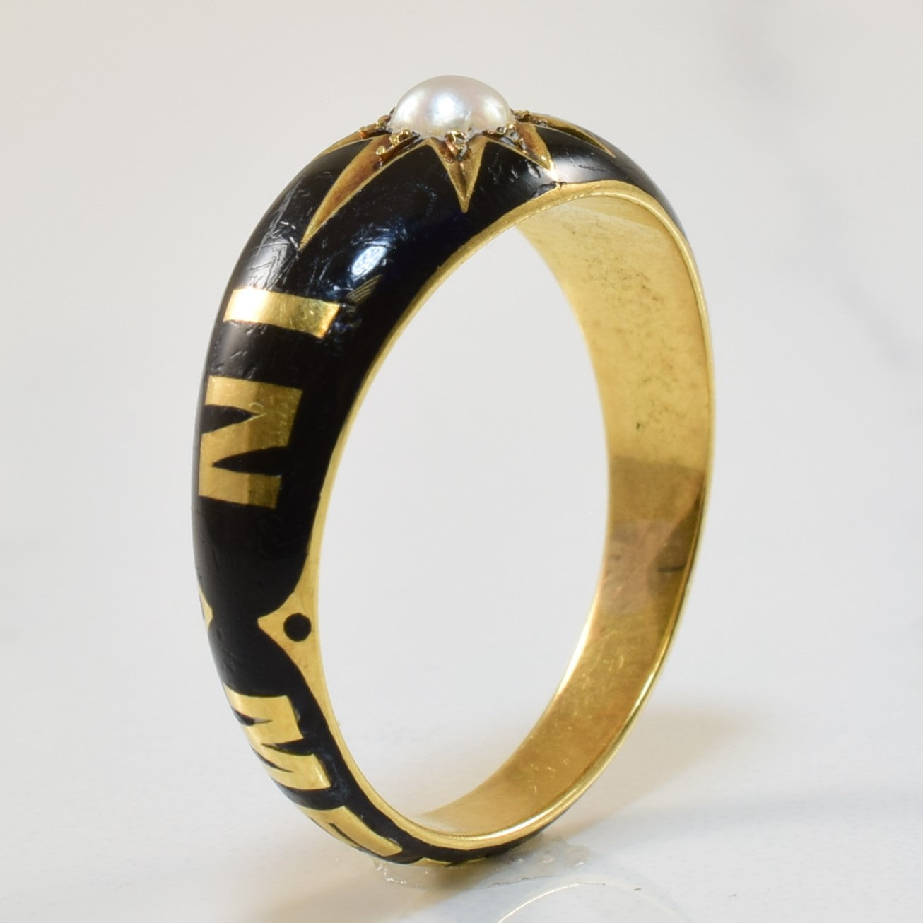 Victorian Enamelled Pearl Mourning Ring | 0.15ct | SZ 8.75 |