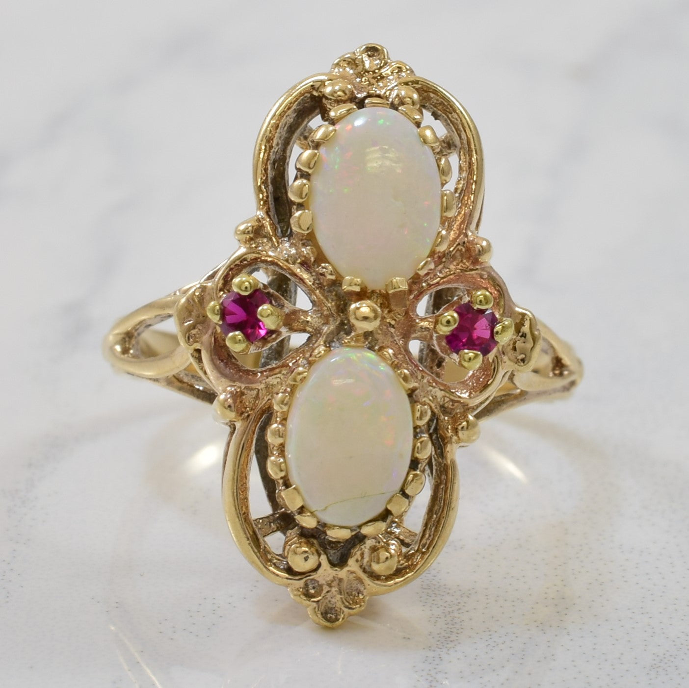 Opal & Synthetic Ruby Cocktail Ring | 0.80ctw, 0.08ctw | SZ 7.75 |