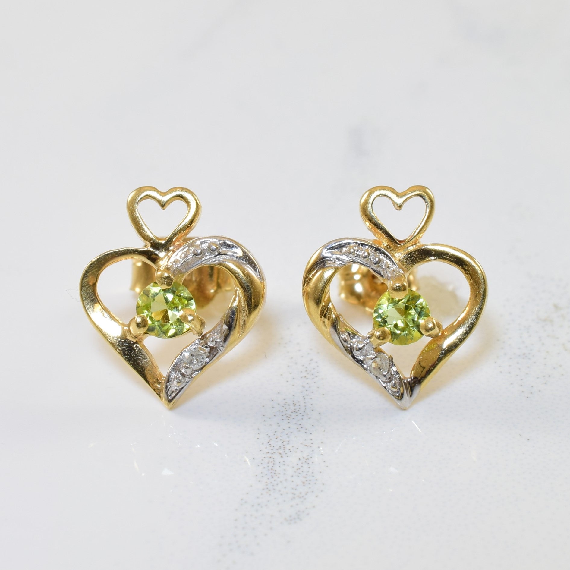 Peridot & Diamond Heart Stud Earrings | 0.20ctw, 0.01ctw |
