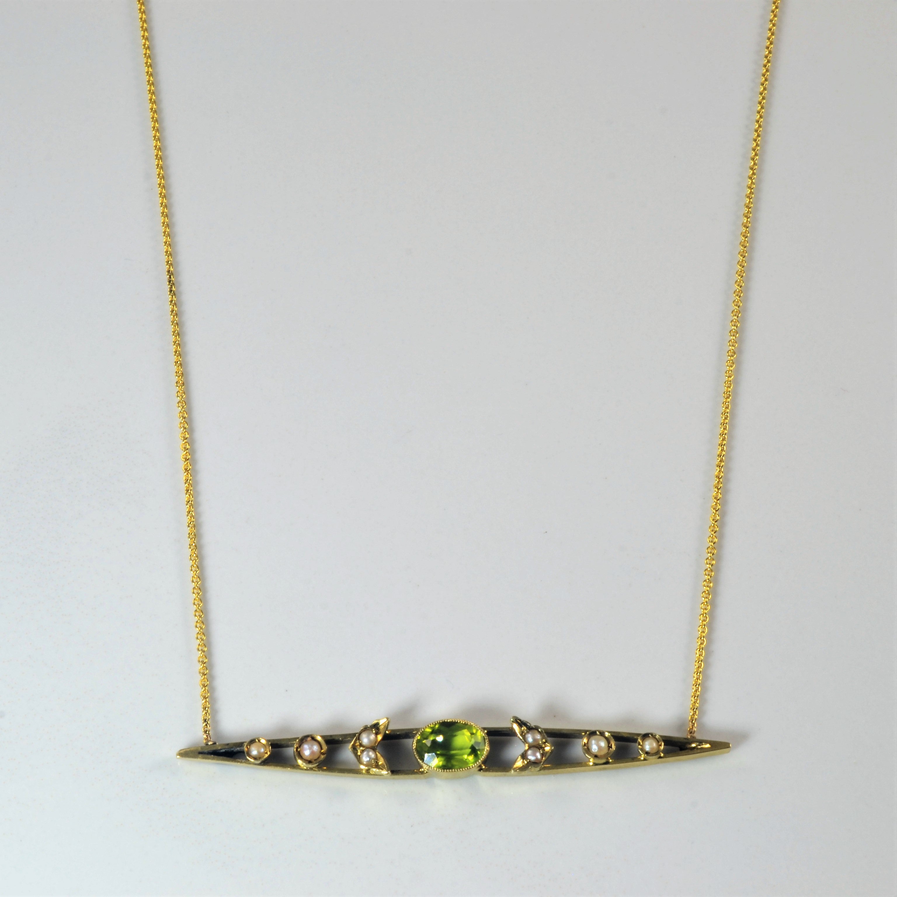 'Bespoke' Edwardian Peridot & Pearl Bar Pendant Necklace | 0.65ct | 18" |