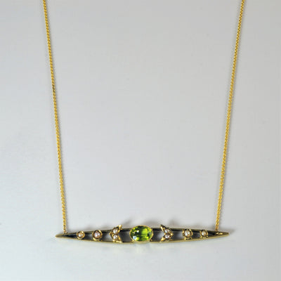 'Bespoke' Edwardian Peridot & Pearl Bar Pendant Necklace | 0.65ct | 18