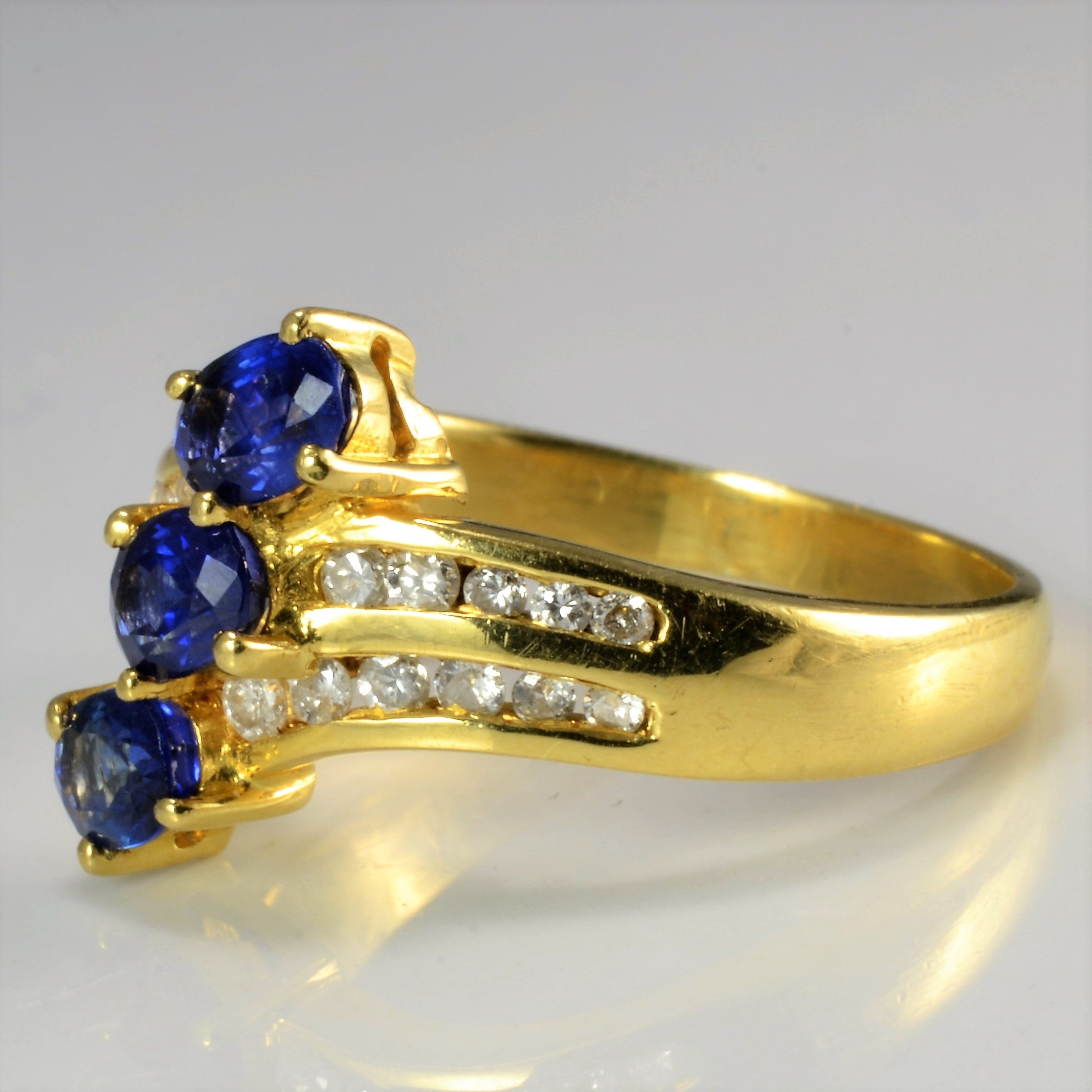 Three Stone Sapphire & Channel Diamond Ring | 0.26 ctw, SZ 7.25 |