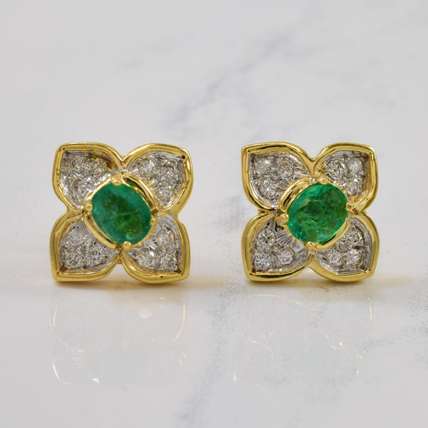 Diamond & Emerald Flower Stud Earrings | 0.90ctw, 0.24ctw |