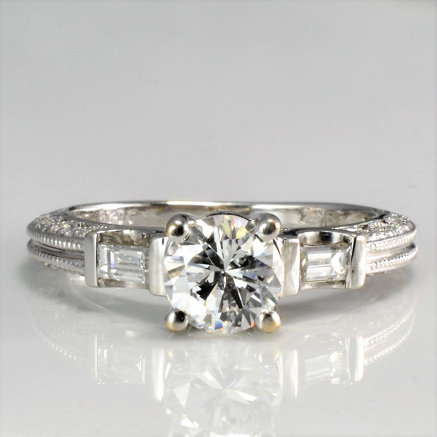 Round Brilliant Engagement Ring With Baguette Accents | 1.04 ctw | SZ 4.75|