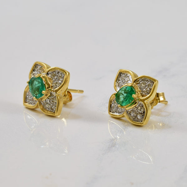 Diamond & Emerald Flower Stud Earrings | 0.90ctw, 0.24ctw |