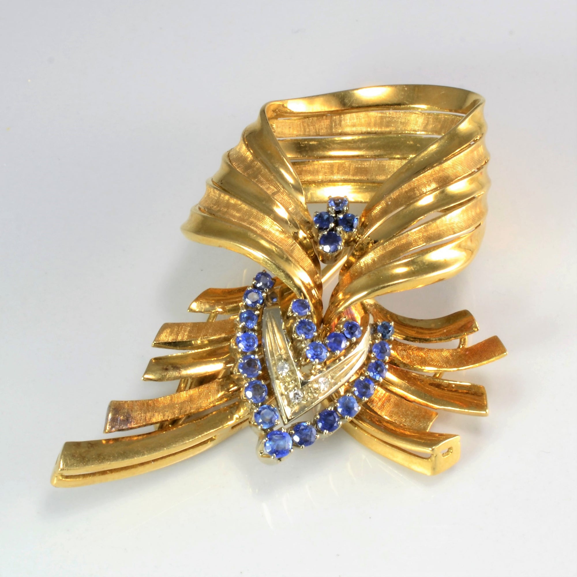 Fancy Bow Design Sapphire & Diamond Brooch | 0.02 ctw |