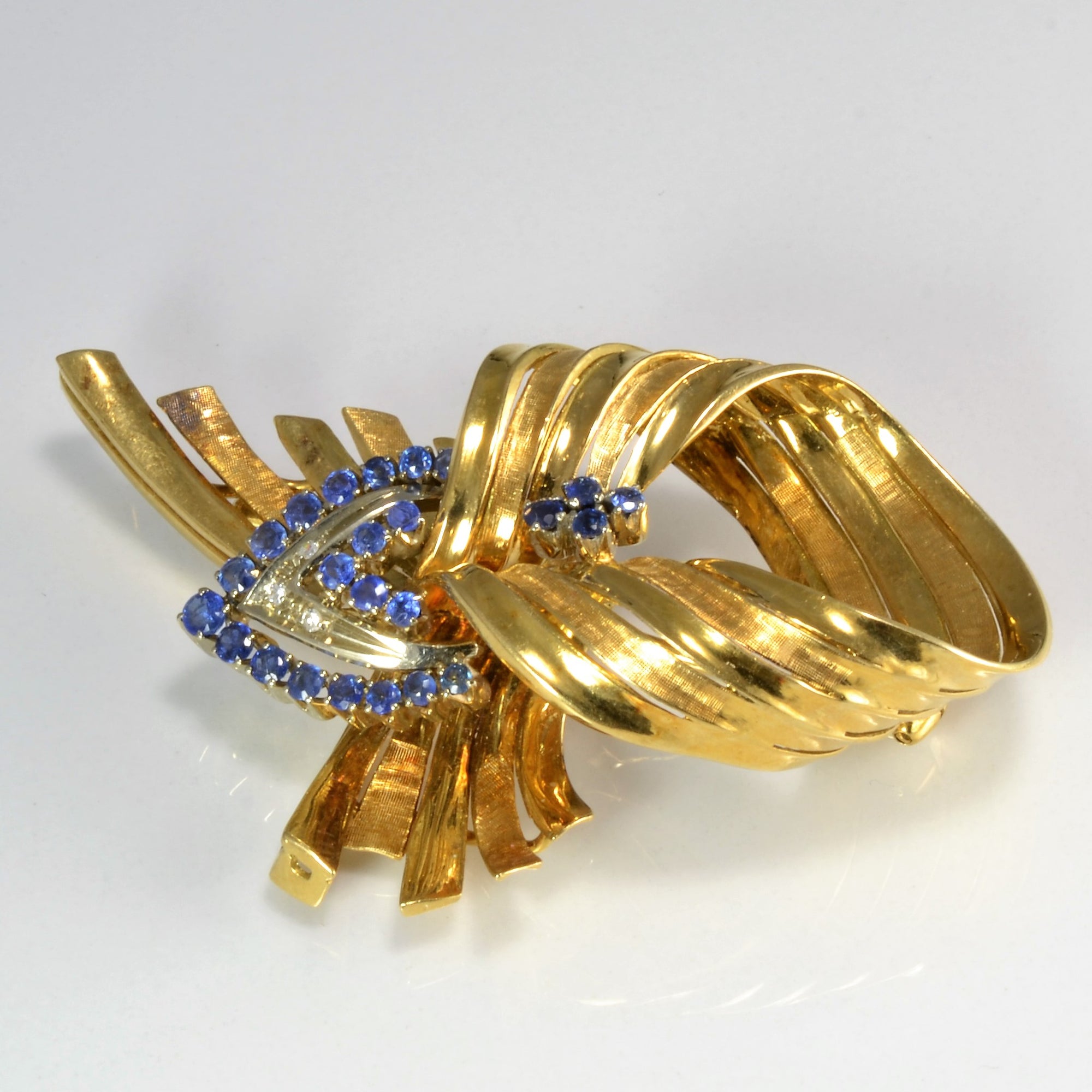 Fancy Bow Design Sapphire & Diamond Brooch | 0.02 ctw |