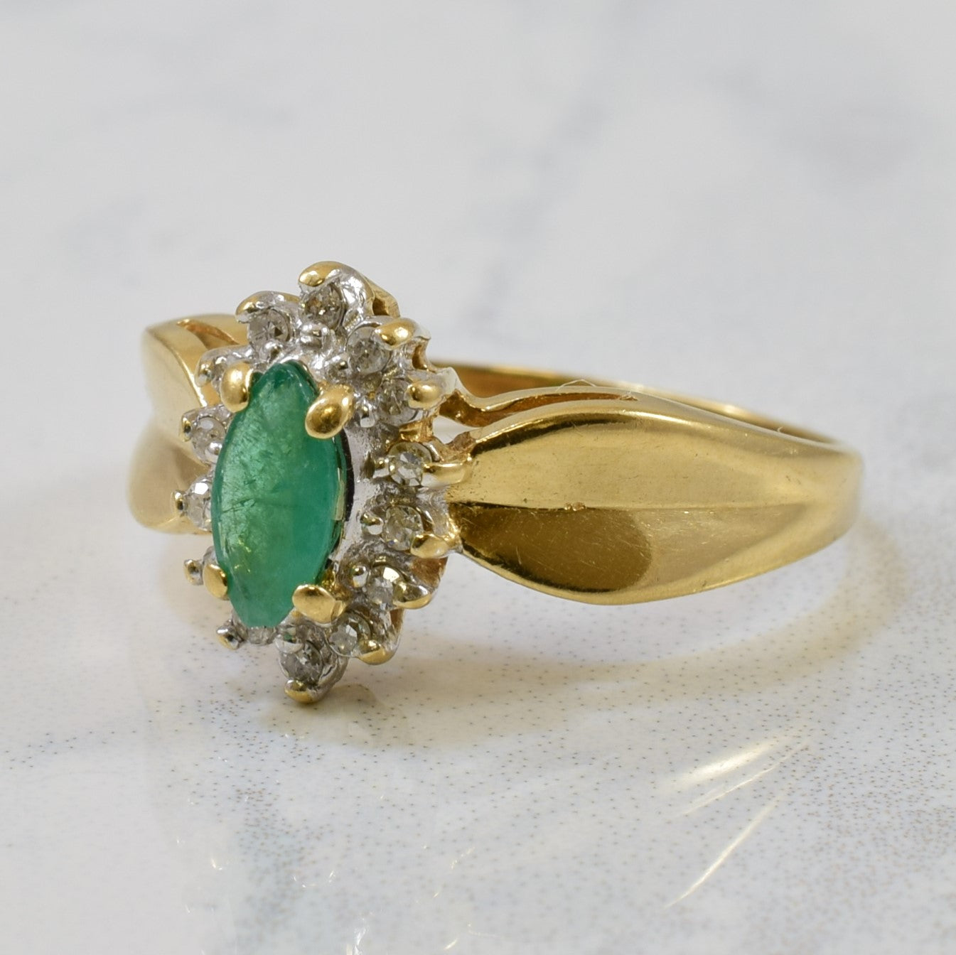 Marquise Emerald & Single Cut Diamond Halo Ring | 0.30ct, 0.08ctw | SZ 7.5 |