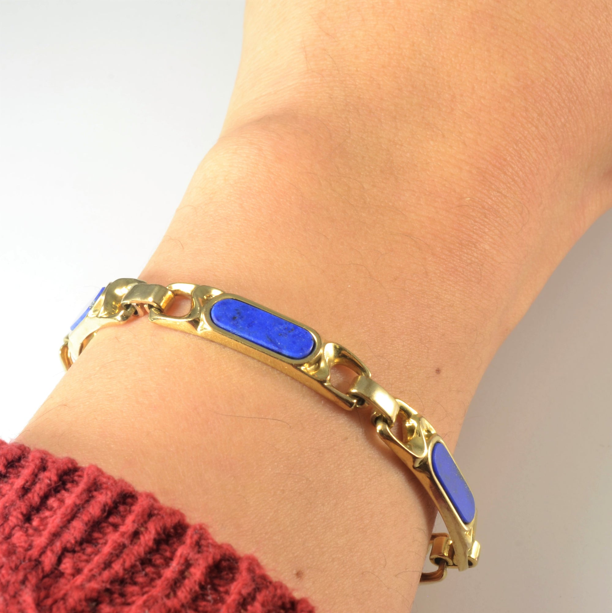 Bezel Set Lapis Inlay Gold Chain Bracelet | 4.50ctw | 7.5