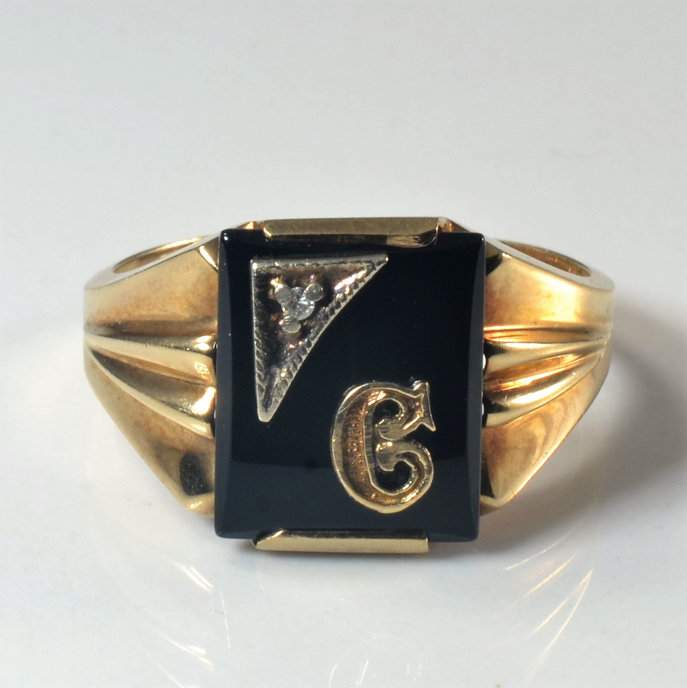 Onyx & Diamond Initial 'C' Signet Ring | 1.75ct, 0.01ct | SZ 9 |