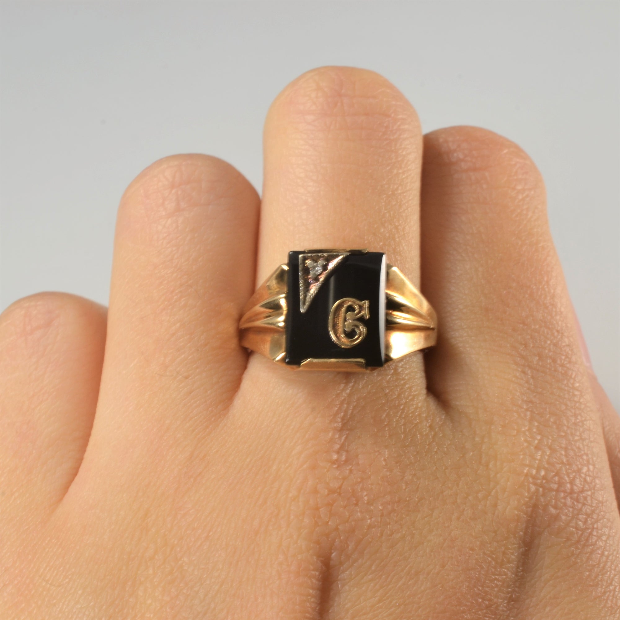 Onyx & Diamond Initial 'C' Signet Ring | 1.75ct, 0.01ct | SZ 9 |