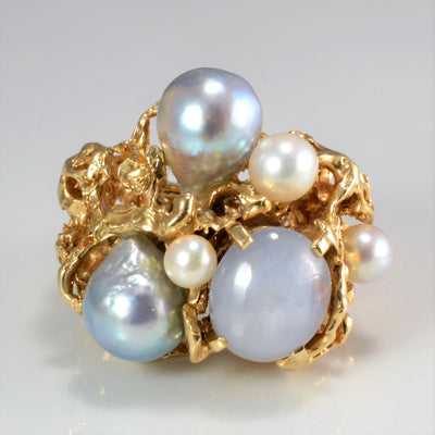 Textured Star Sapphire & Pearl Heavy Ladies Ring | SZ 4.5 |