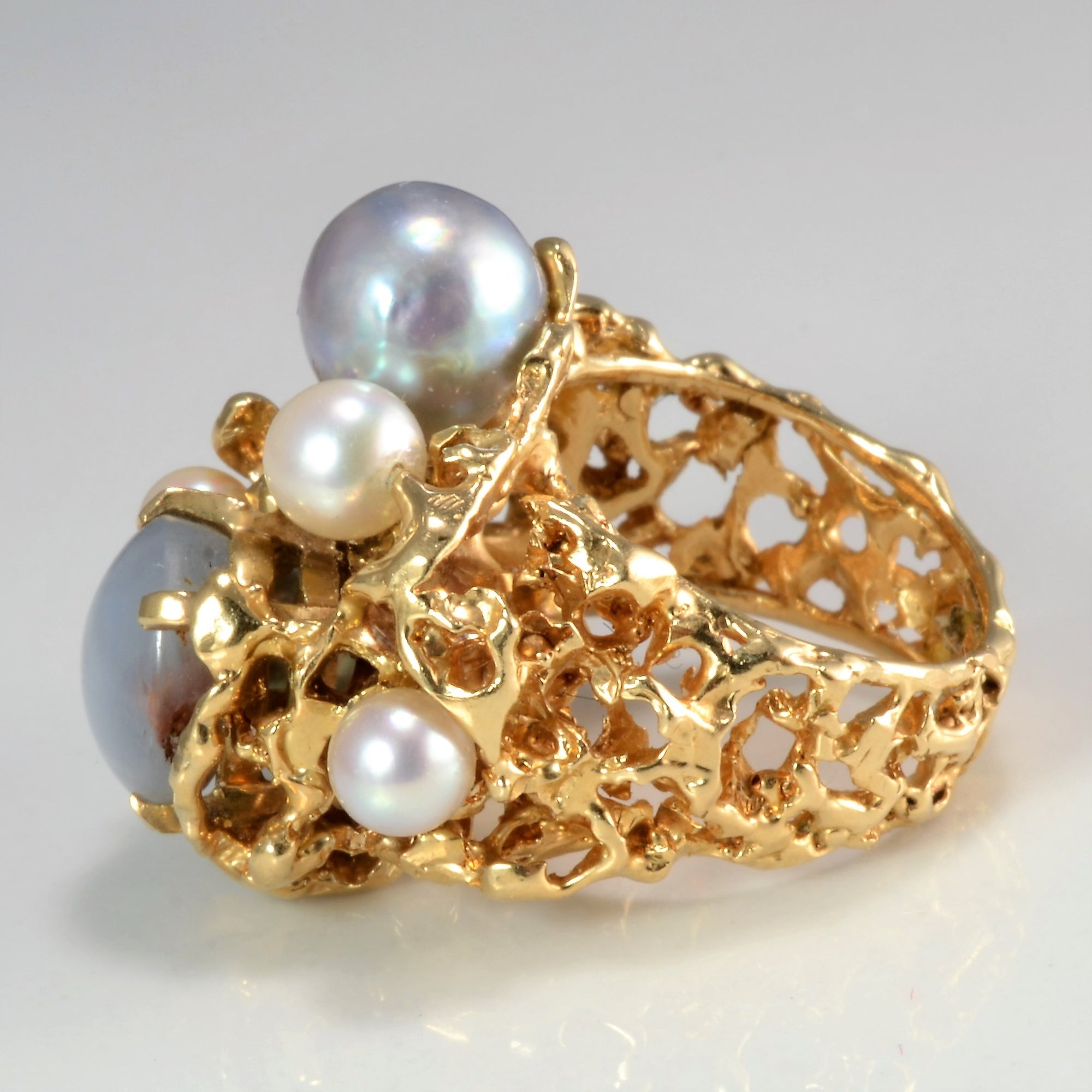 Textured Star Sapphire & Pearl Heavy Ladies Ring | SZ 4.5 |