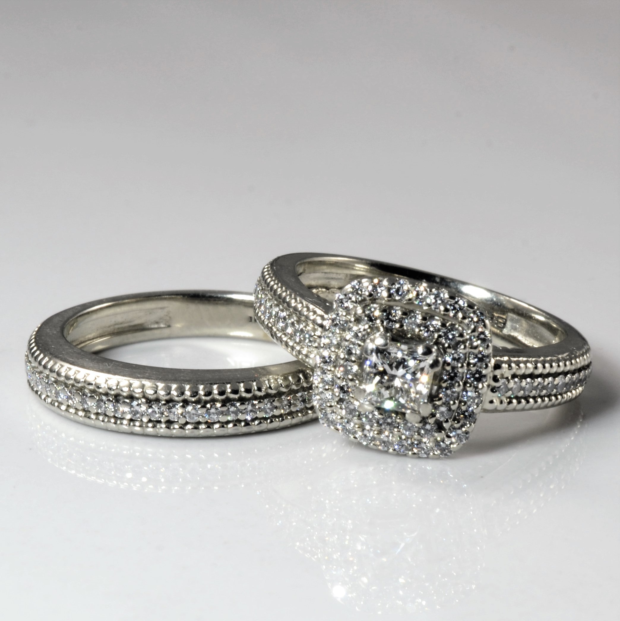 Milgrain Halo Diamond Wedding Set | 0.87ctw | SZ 5.75 |