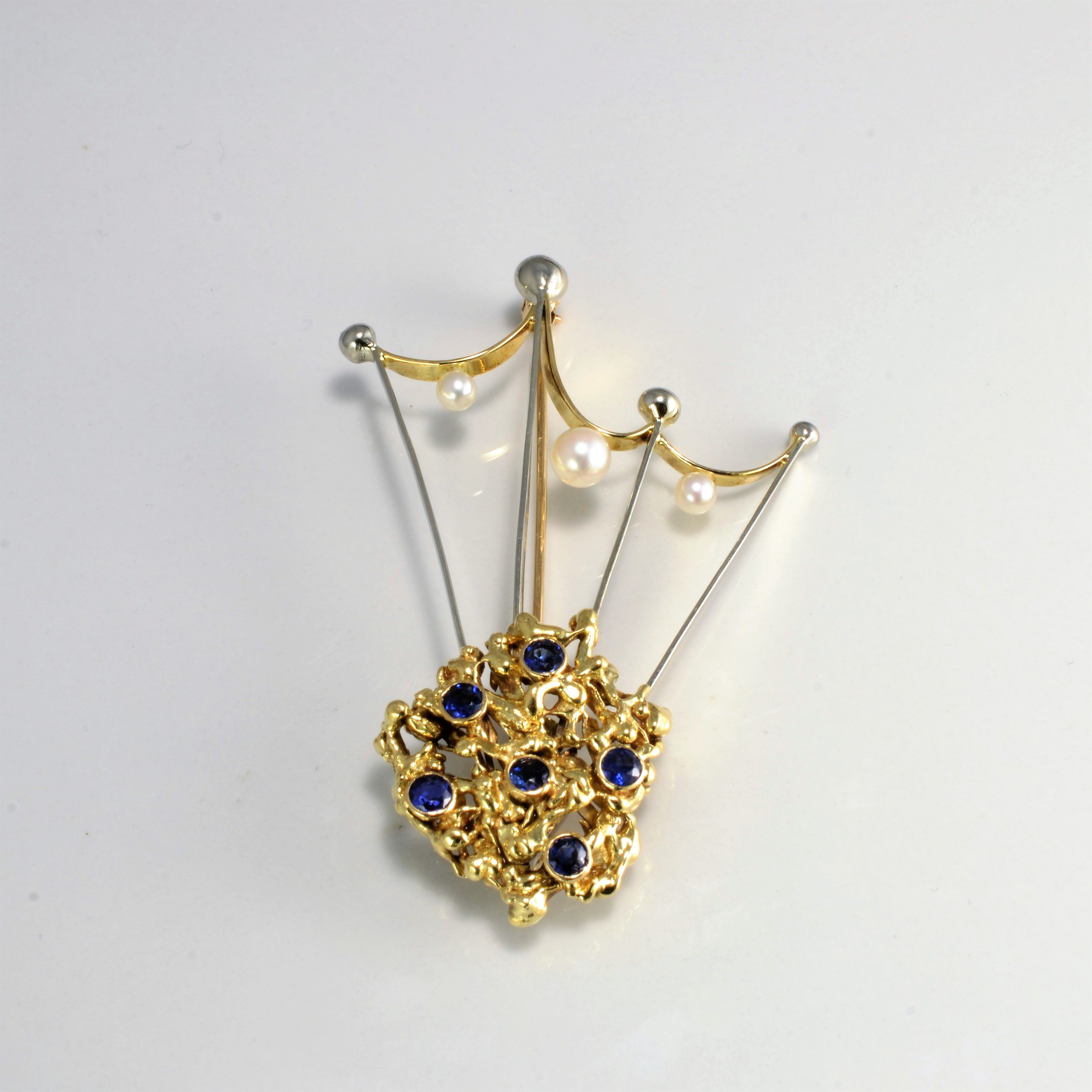 Textured Two Tone Gold Sapphire & Pearl Brooch