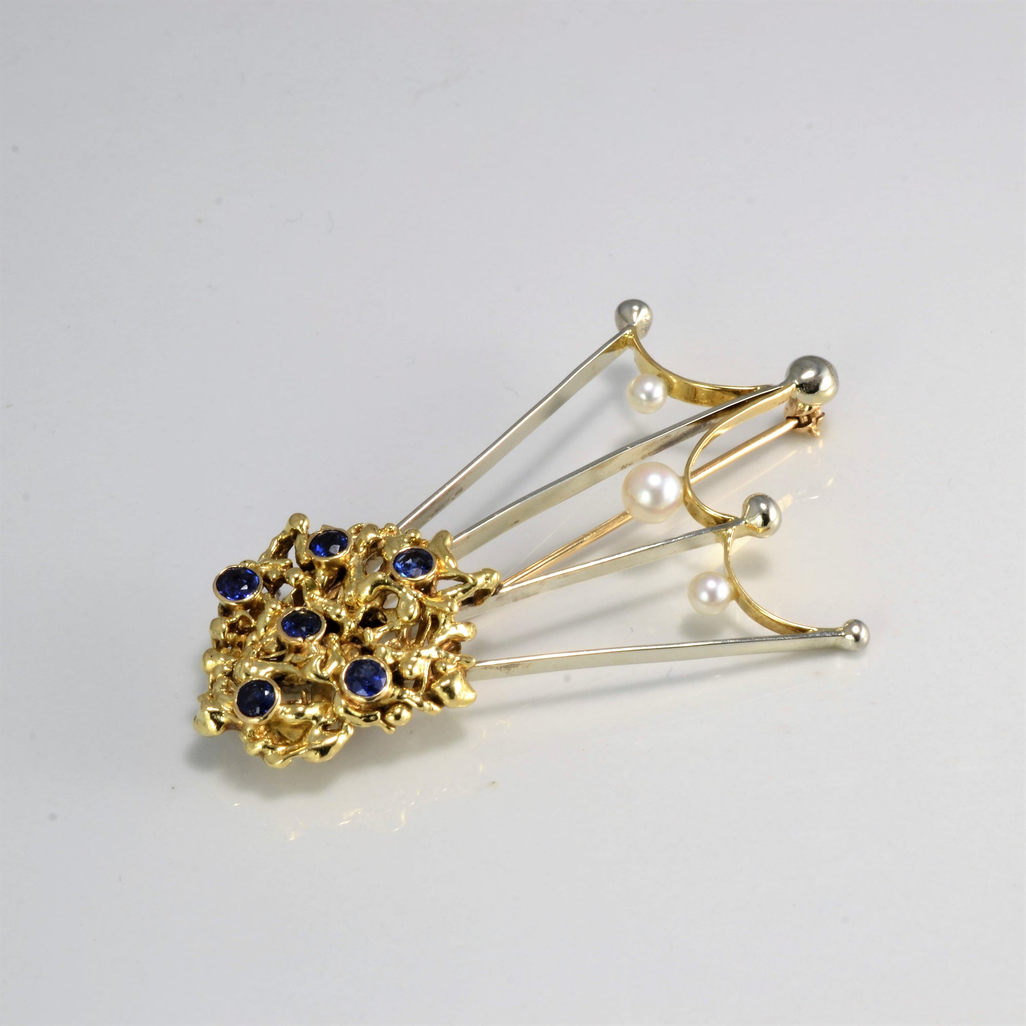 Textured Two Tone Gold Sapphire & Pearl Brooch