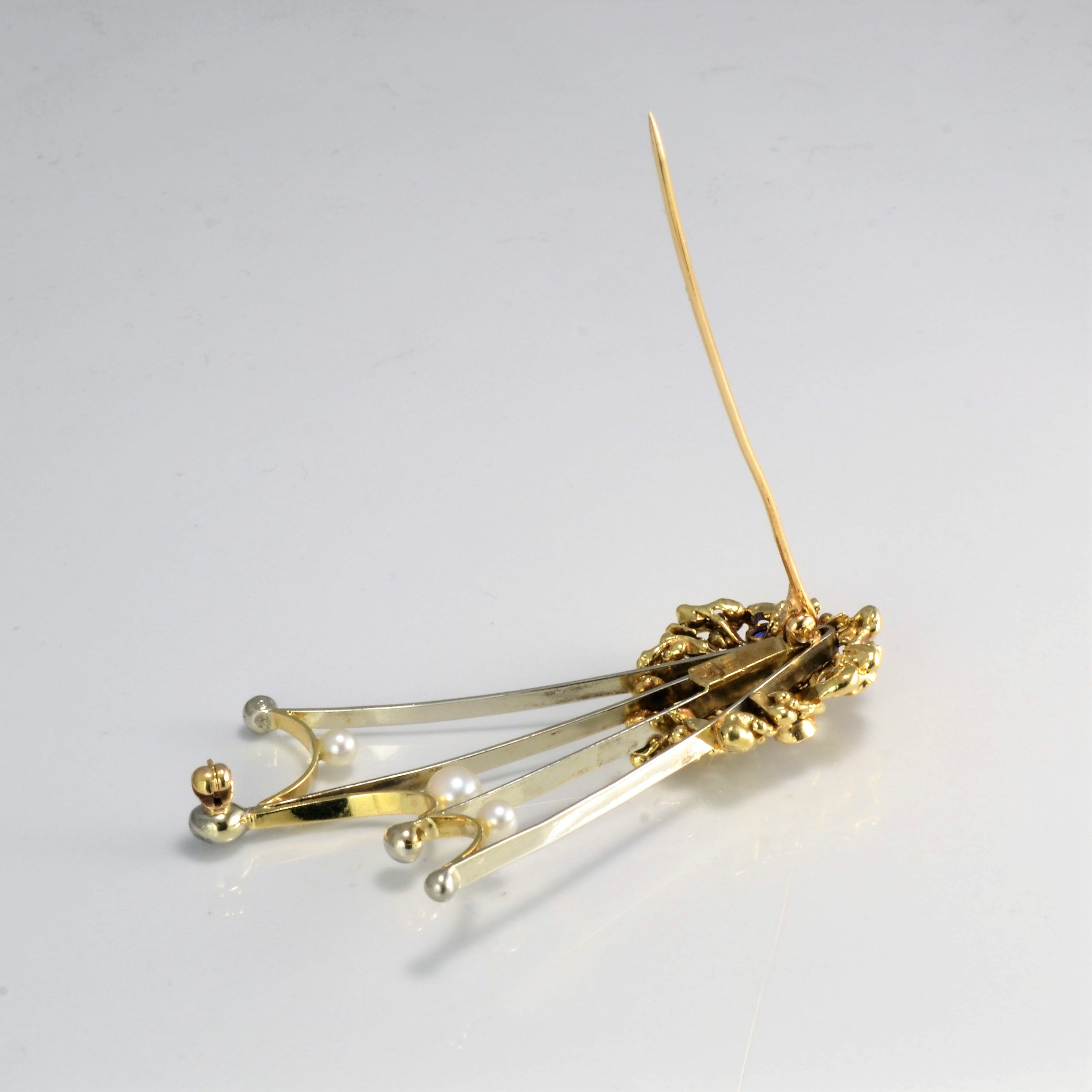 Textured Two Tone Gold Sapphire & Pearl Brooch