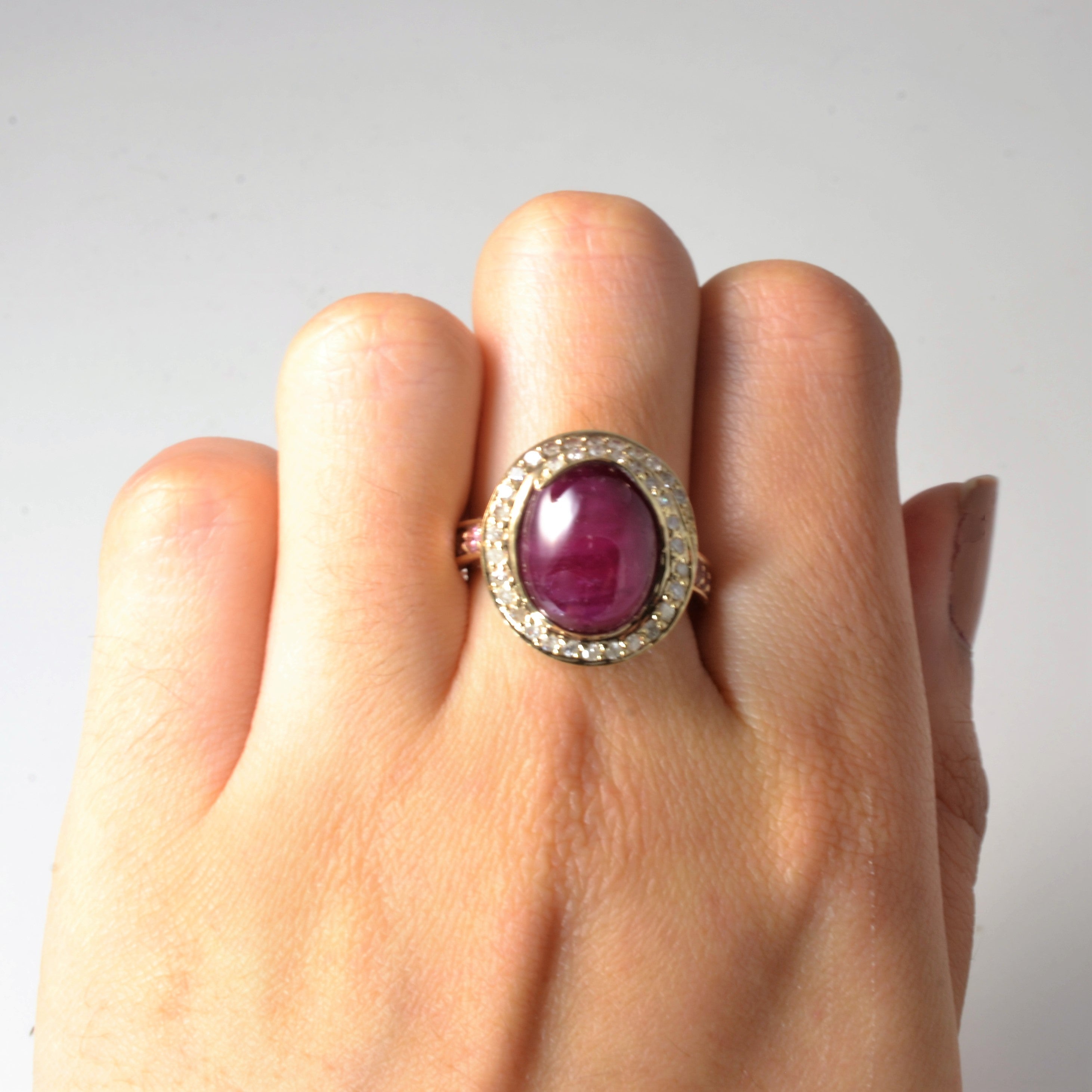 Cabochon Cut Ruby & Diamond Ring | 0.25ctw, 11.00ct | SZ 7 |