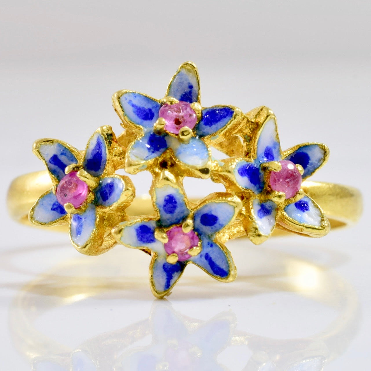 Art Nouveau Era Enameled Flower & Pink Sapphire Ring | SZ 6 |