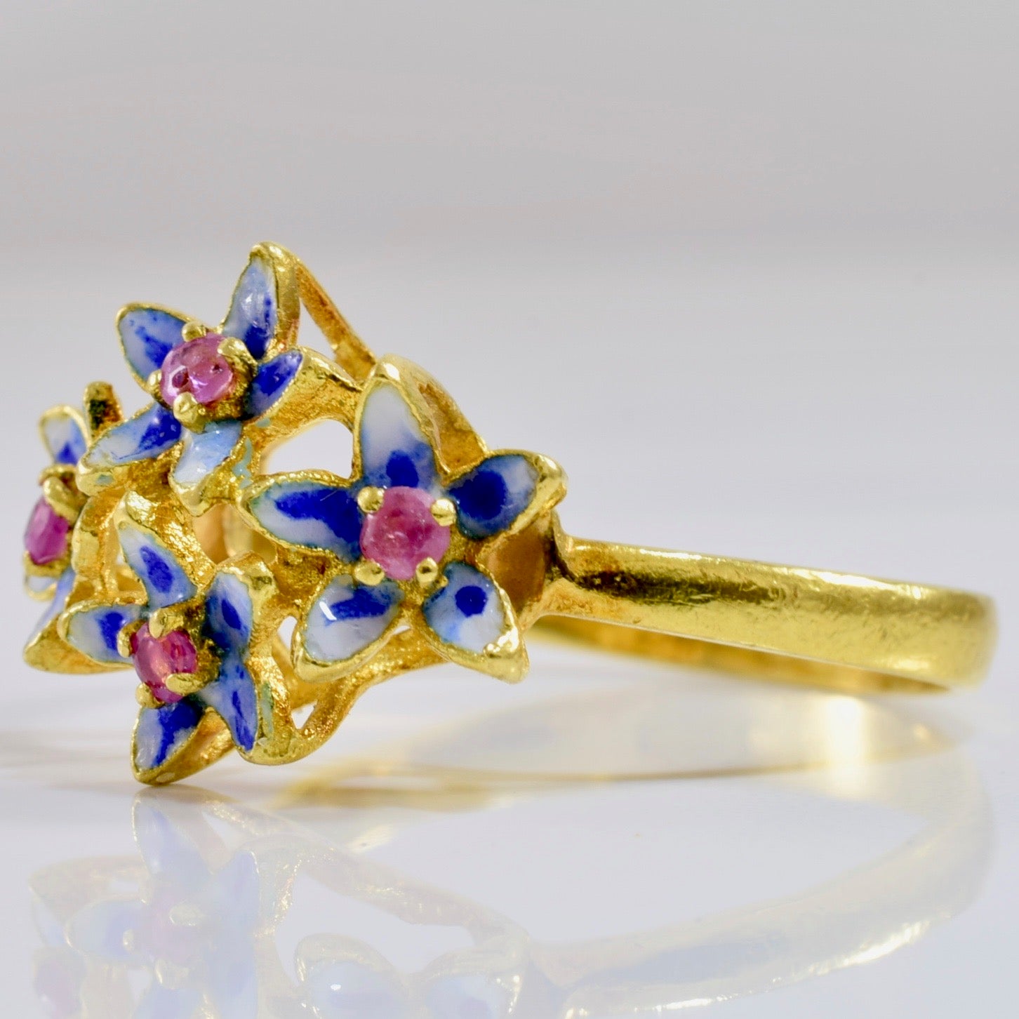 Art Nouveau Era Enameled Flower & Pink Sapphire Ring | SZ 6 |