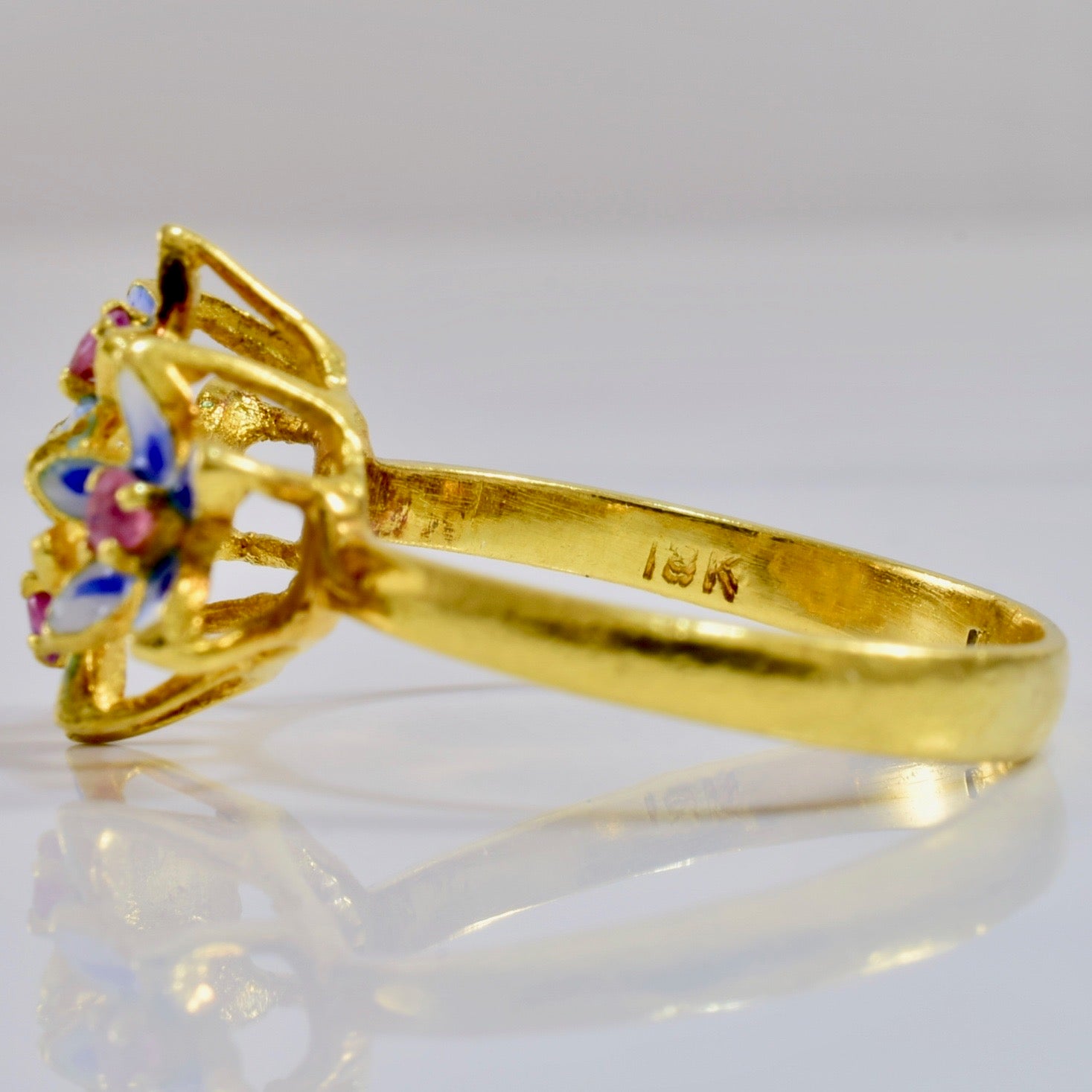 Art Nouveau Era Enameled Flower & Pink Sapphire Ring | SZ 6 |