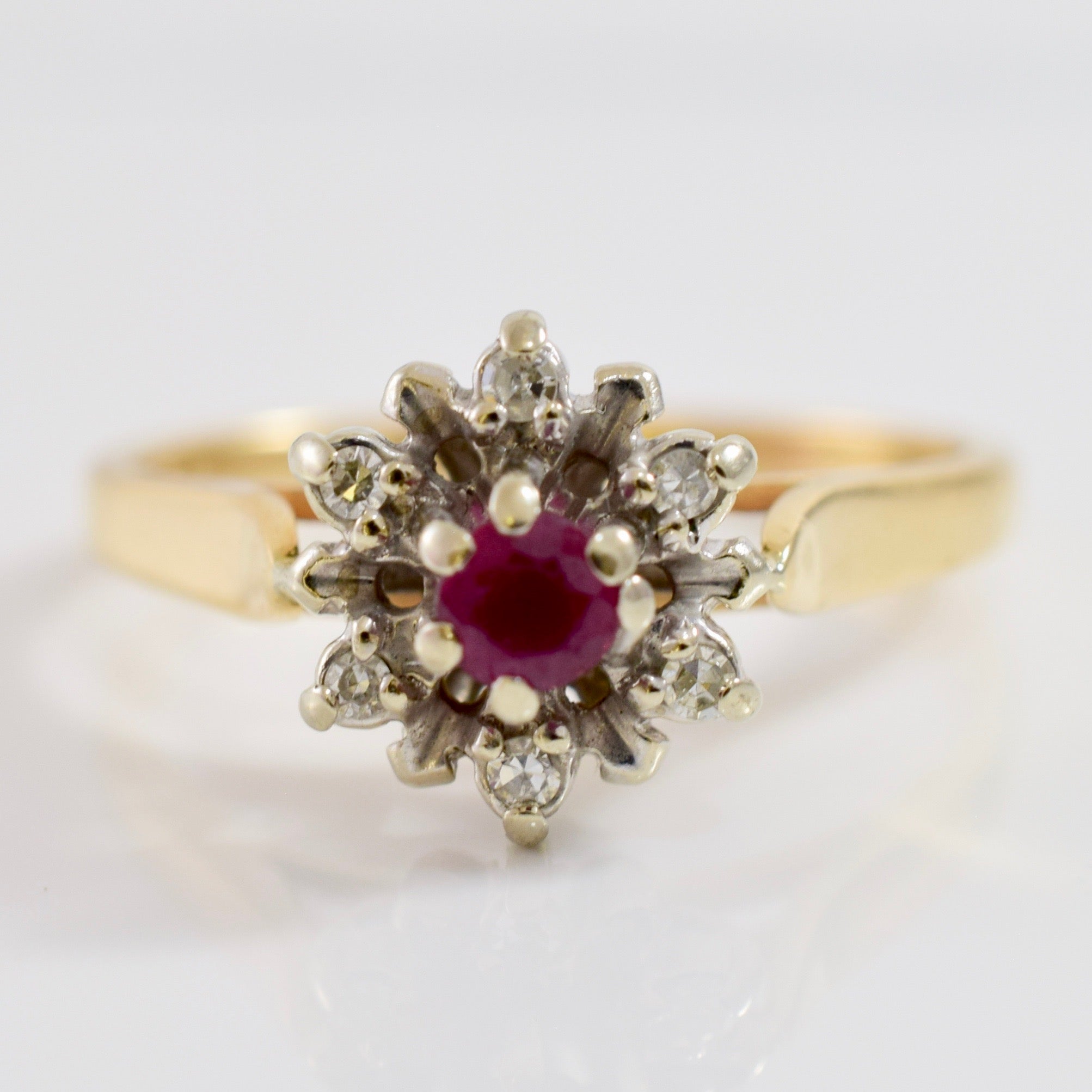 High Set Floral Diamond Cluster and Ruby Ring | 0.06 ctw SZ 7.5 |