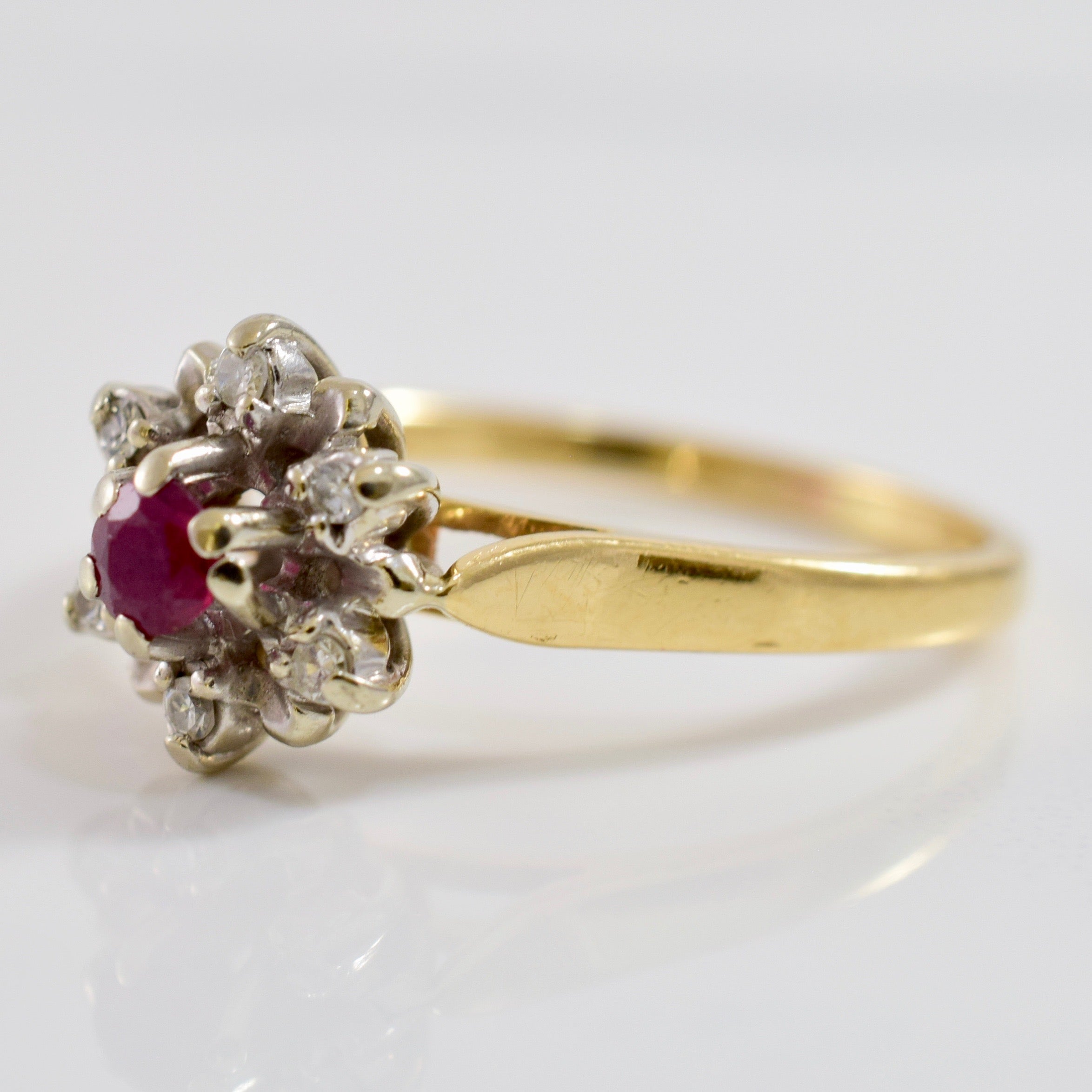 High Set Floral Diamond Cluster and Ruby Ring | 0.06 ctw SZ 7.5 |