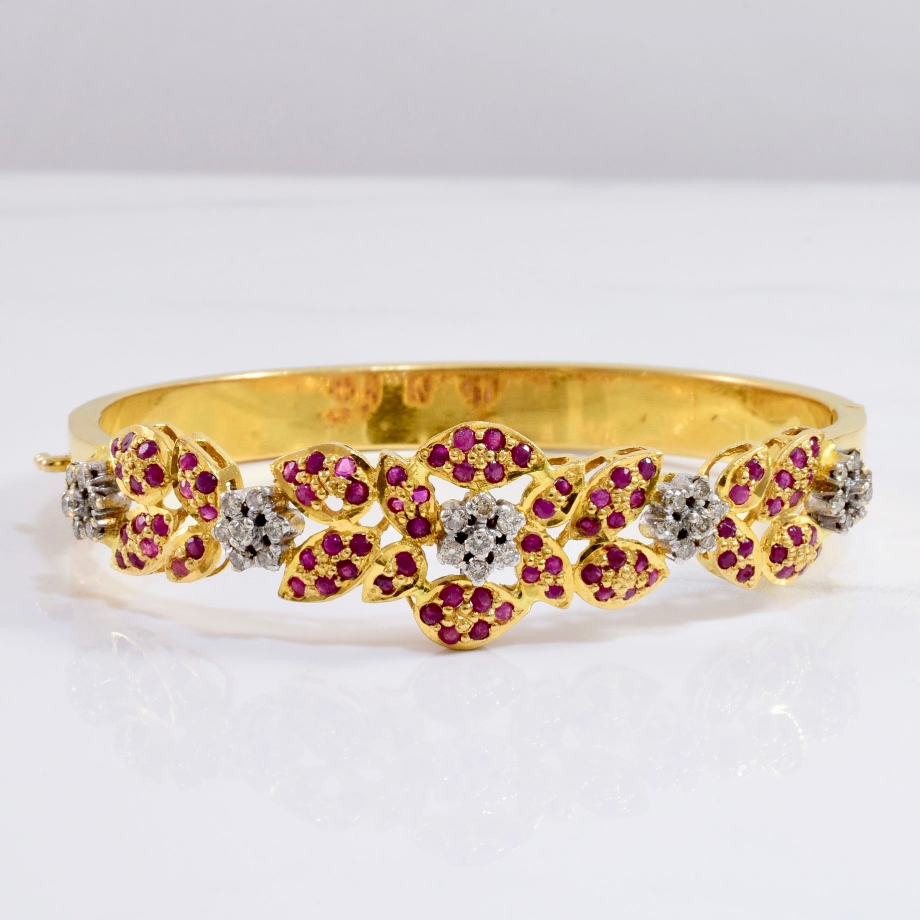 Floral Diamond and Ruby Cluster Bangle | 0.42 ctw SZ 7.5" |
