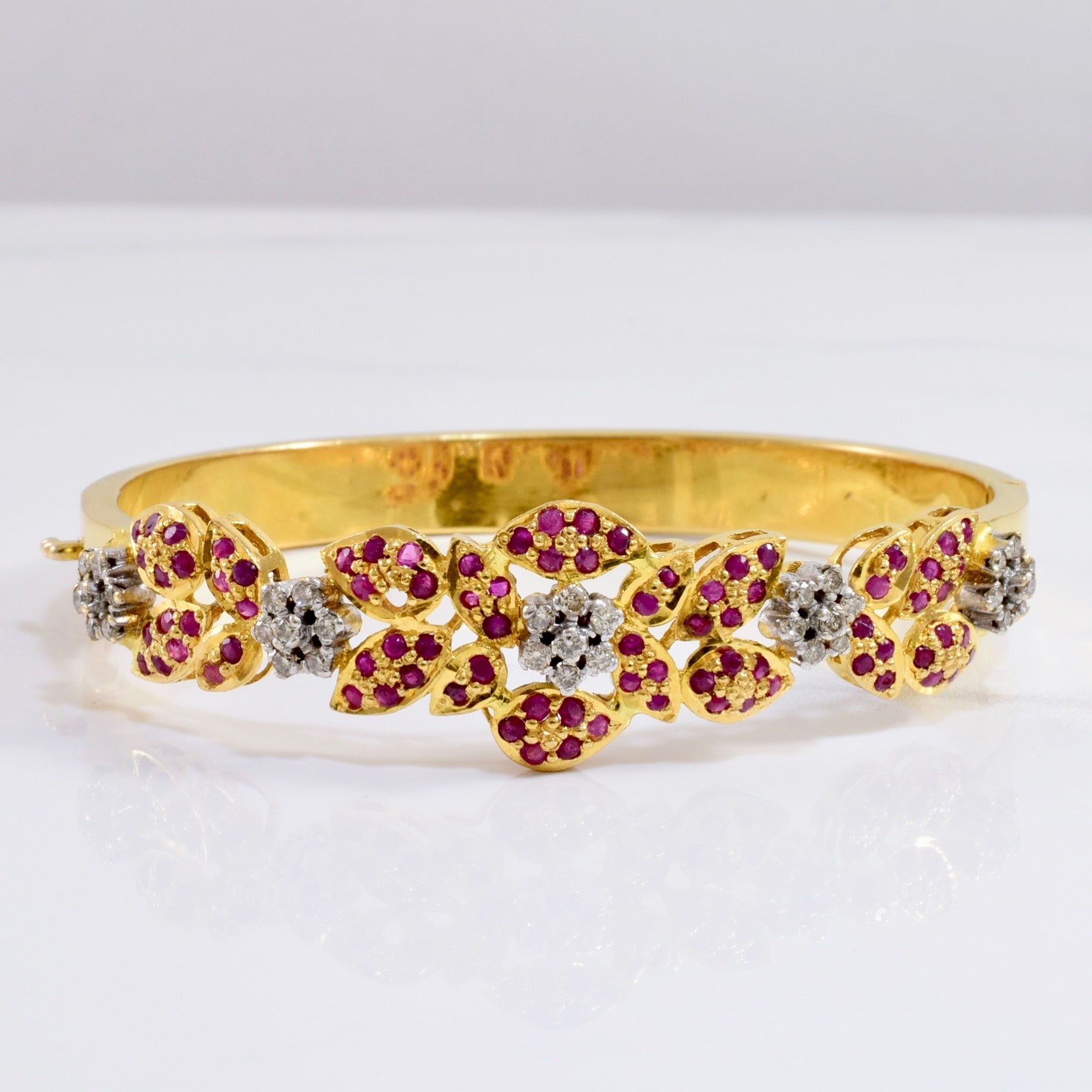 Floral Diamond and Ruby Cluster Bangle | 0.42 ctw SZ 7.5