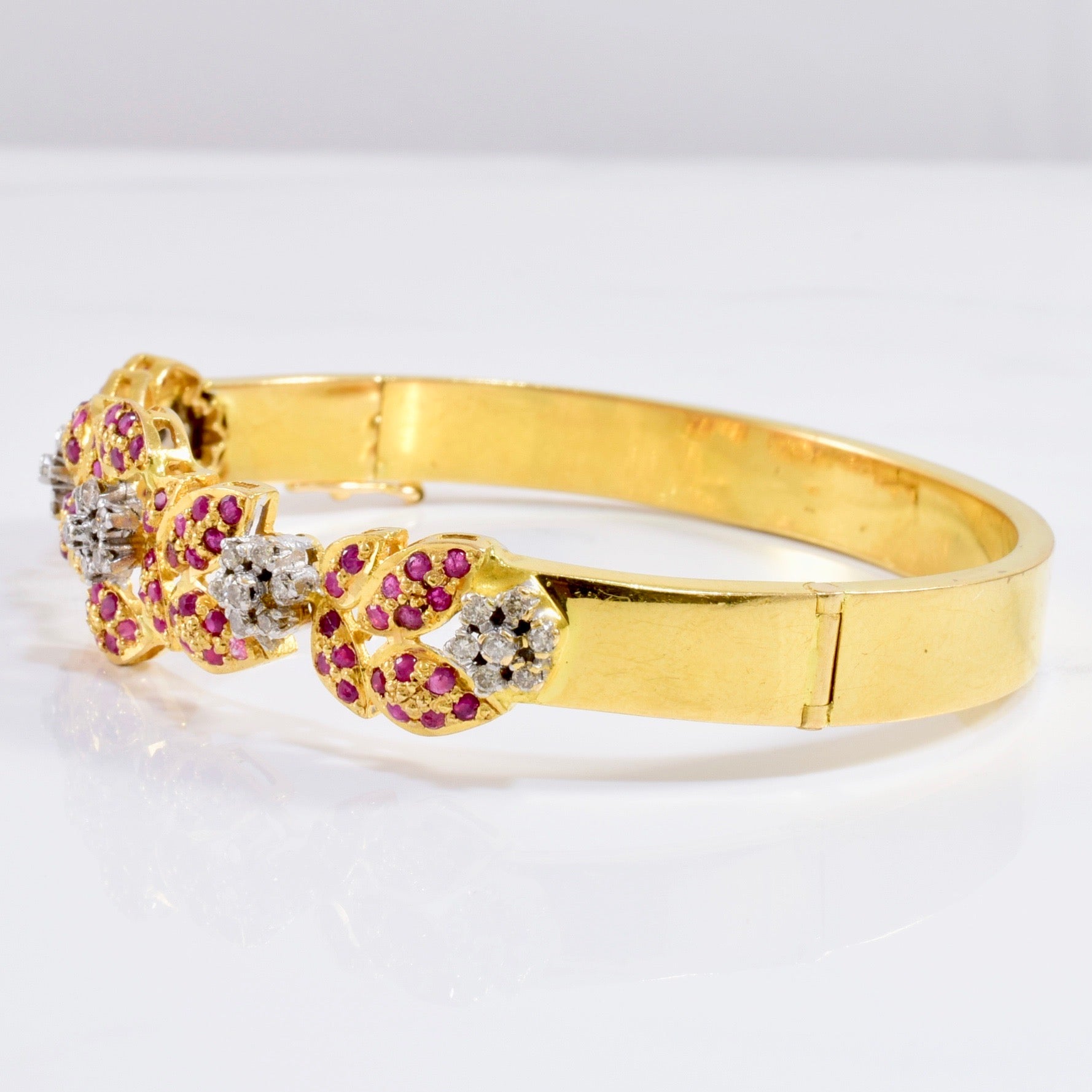 Floral Diamond and Ruby Cluster Bangle | 0.42 ctw SZ 7.5
