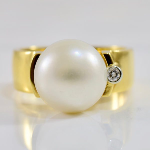 Half Bezel Set Pearl and Diamond Ring | 0.03 ctw SZ 7.75 |
