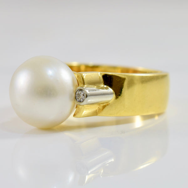 Half Bezel Set Pearl and Diamond Ring | 0.03 ctw SZ 7.75 |