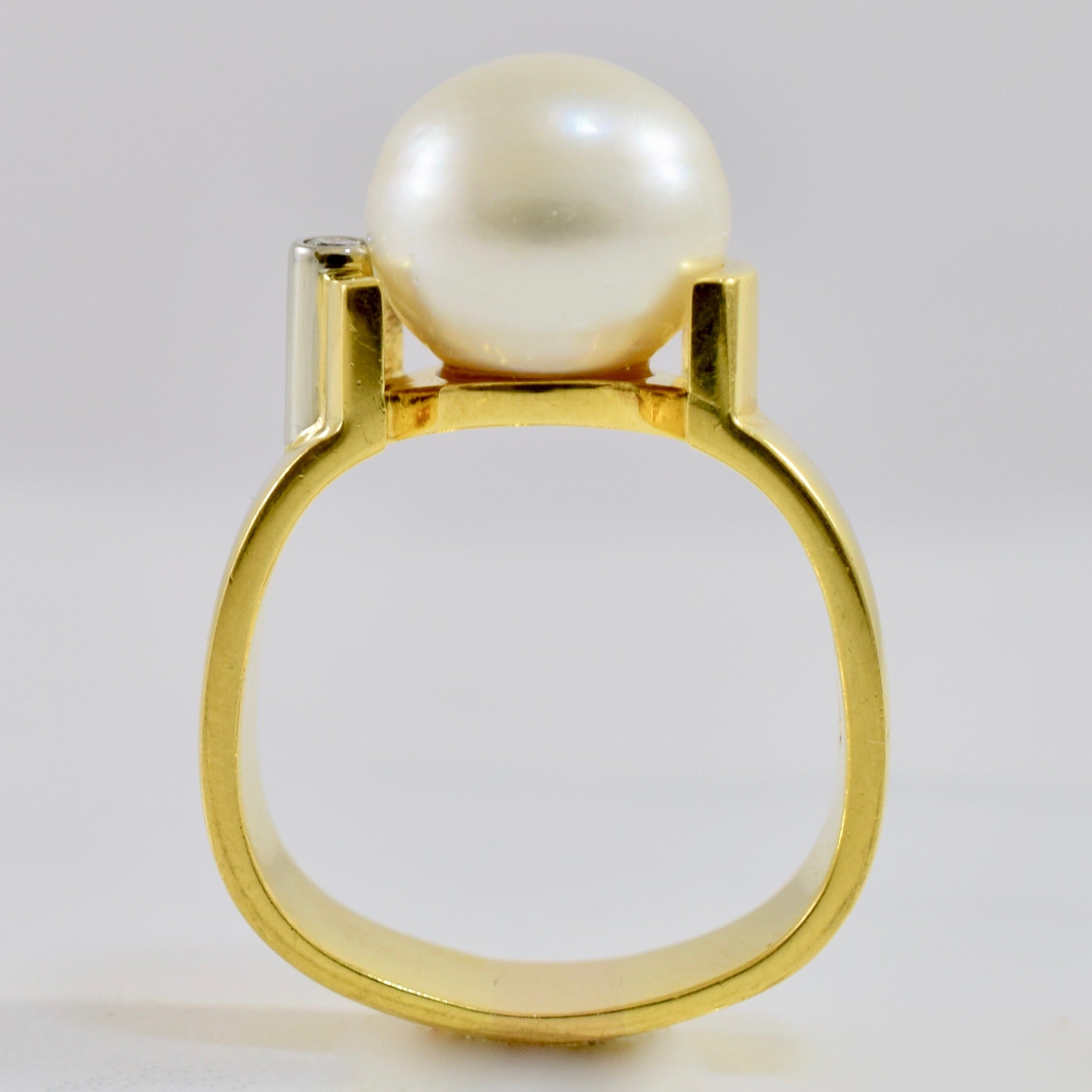 Half Bezel Set Pearl and Diamond Ring | 0.03 ctw SZ 7.75 |