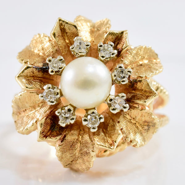 Leaf Textured Diamond and Pearl Ring | 0.16 ctw 6.5 |