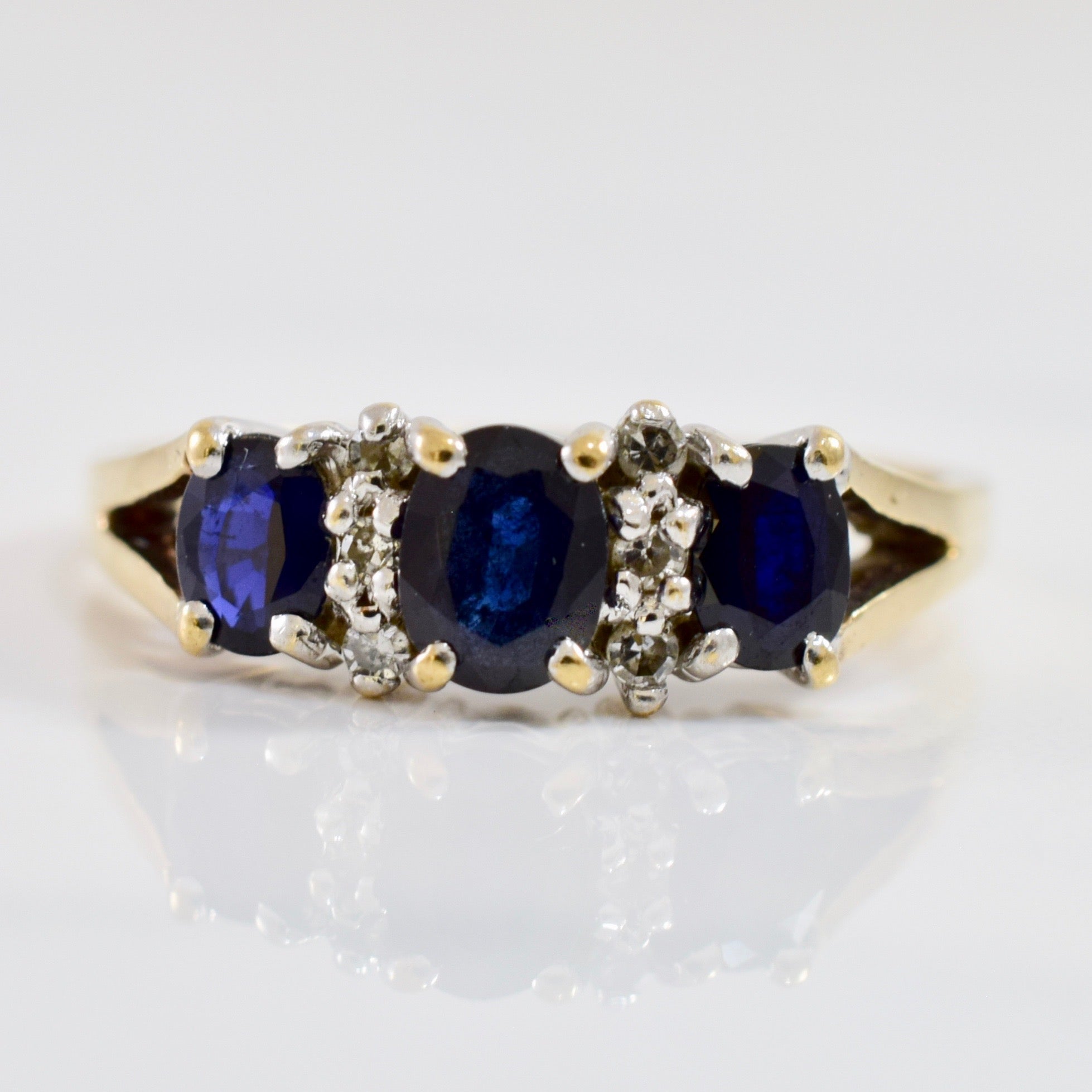 Three Stone Sapphire and Diamond Ring | 0.05 ctw SZ 6.75 |
