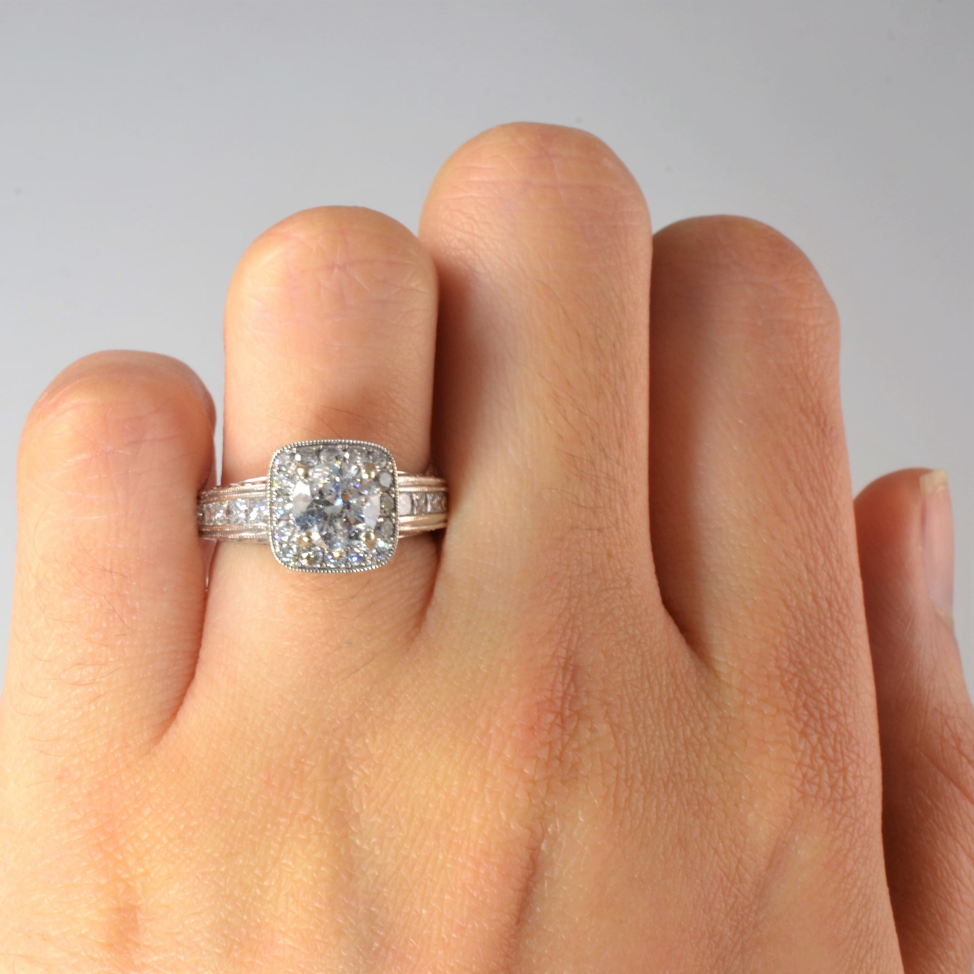 'Gabriel & Co.' Vintage Inspired Cushion Halo Engagement Ring | 2.00ctw | SZ 5 |